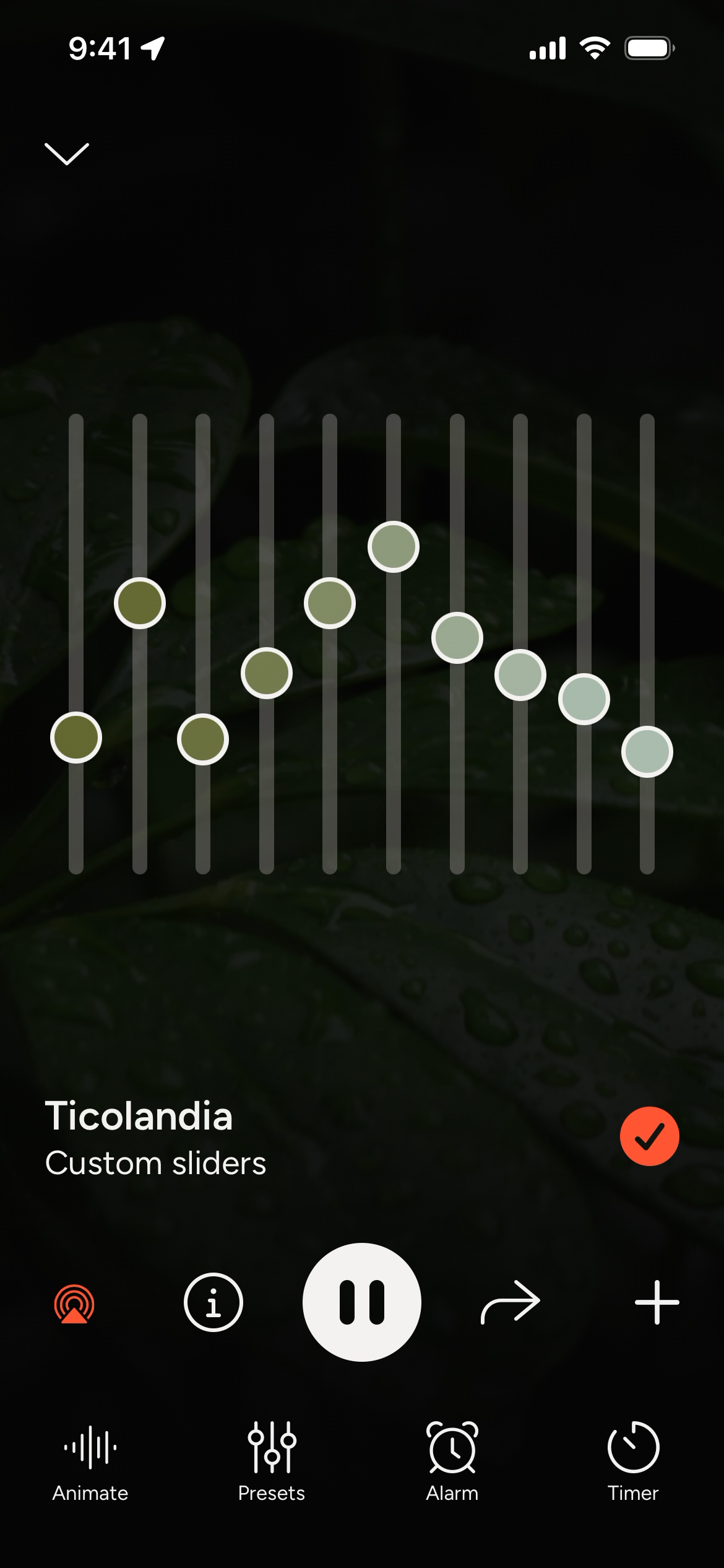 Screenshot showing custom sliders for adjusting audio settings in myNoise app.