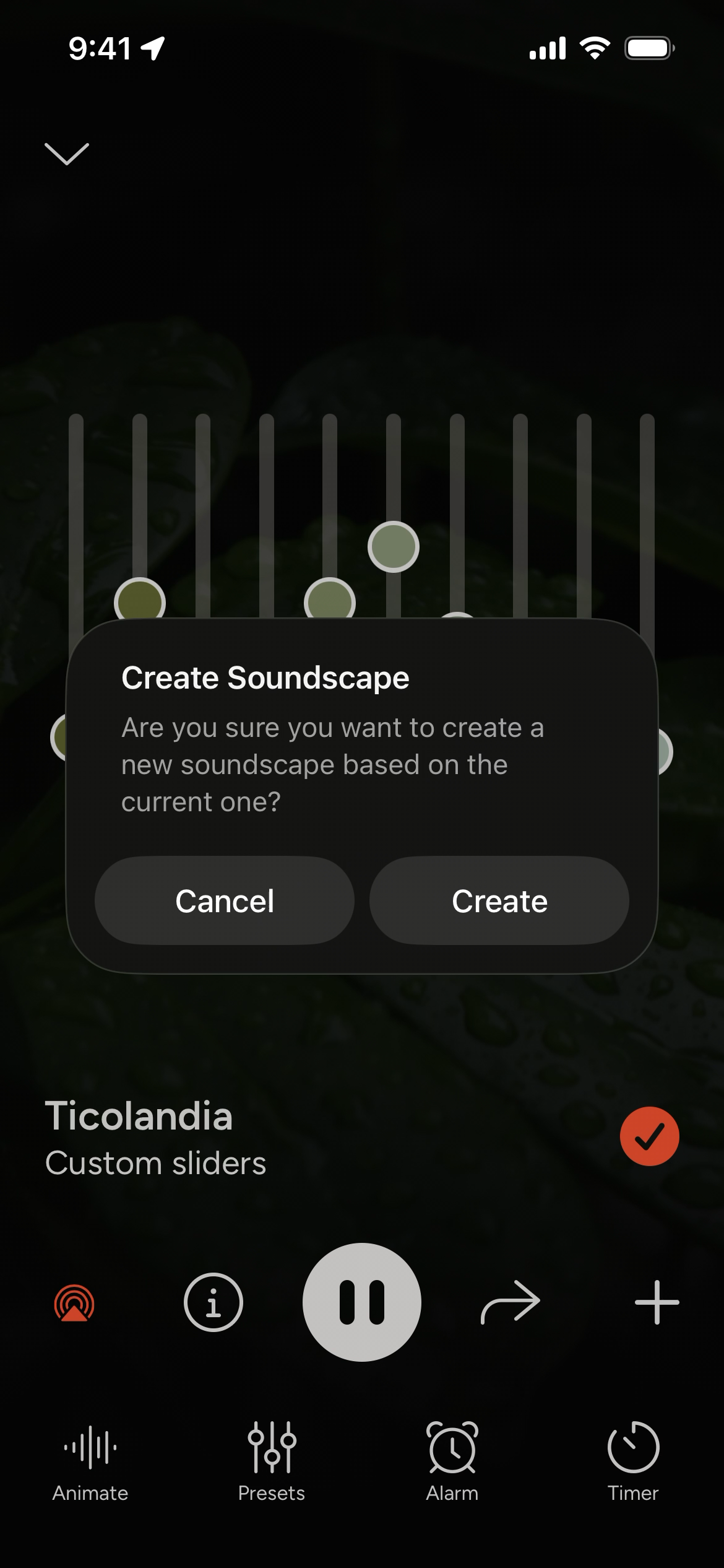 Create soundscape confirmation modal with options to cancel or create.