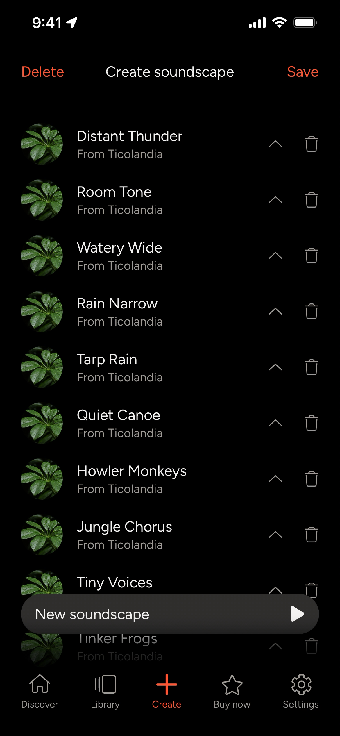 List of soundscapes with options to create and save.