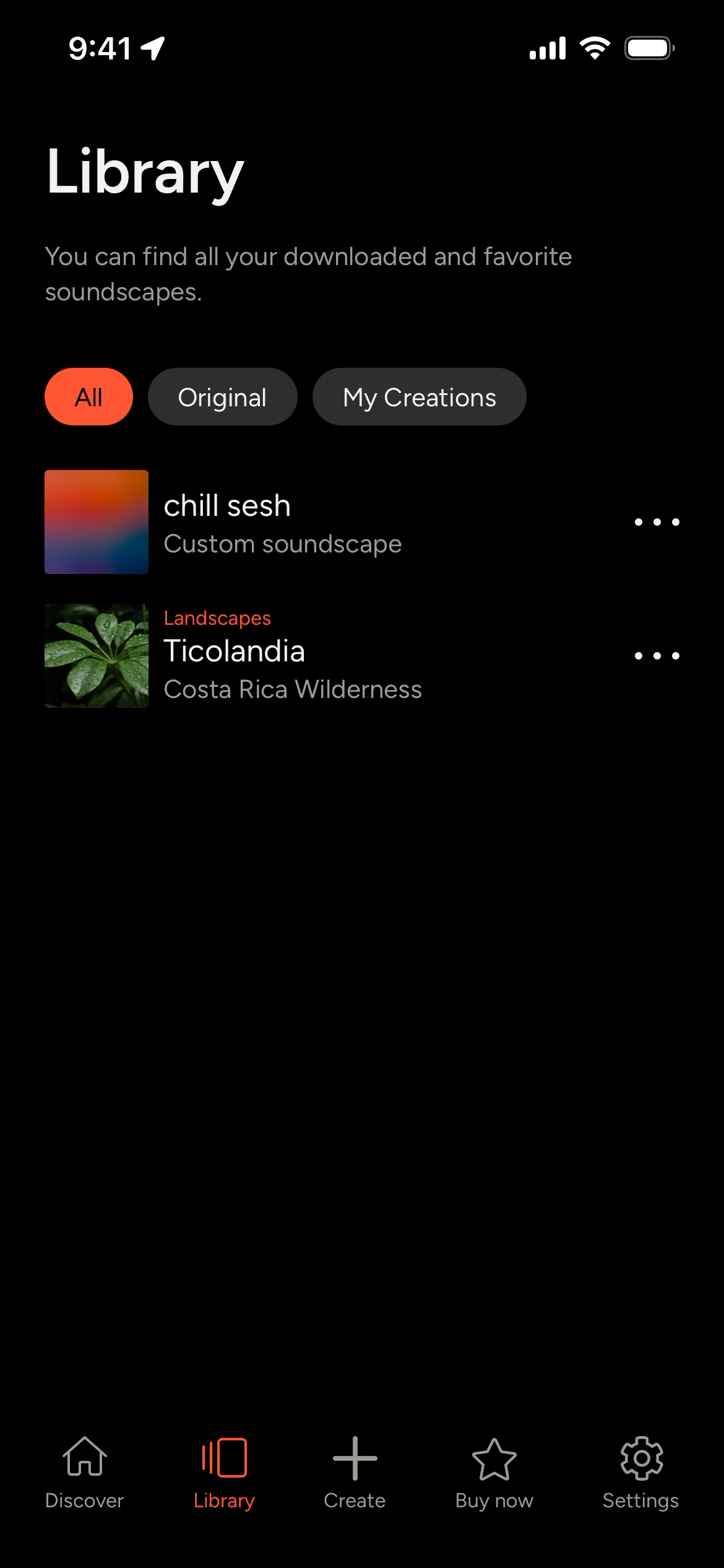 Screenshot of the Library screen showing soundscape options.