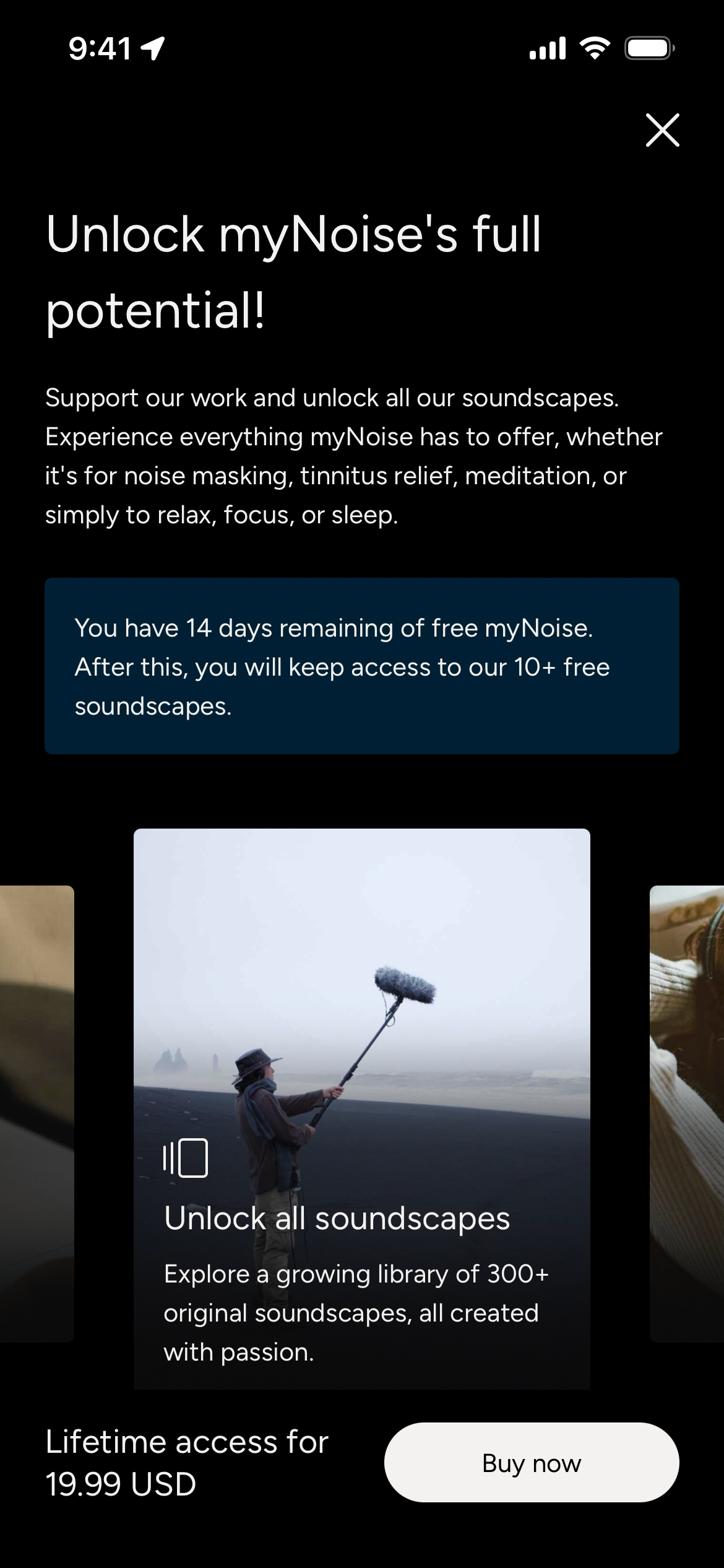 Unlock myNoise promotional screen with soundscape options and pricing details.