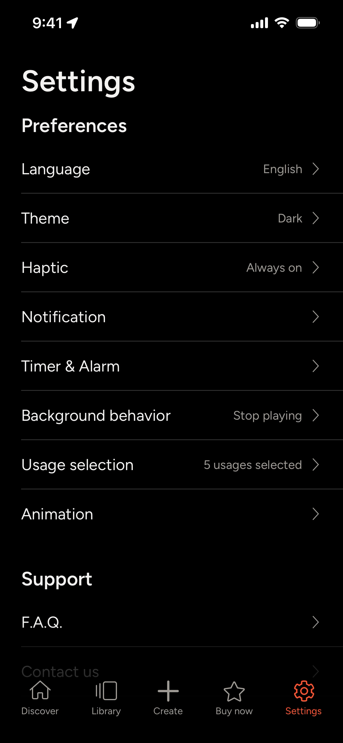 Settings screen with options for preferences and support.