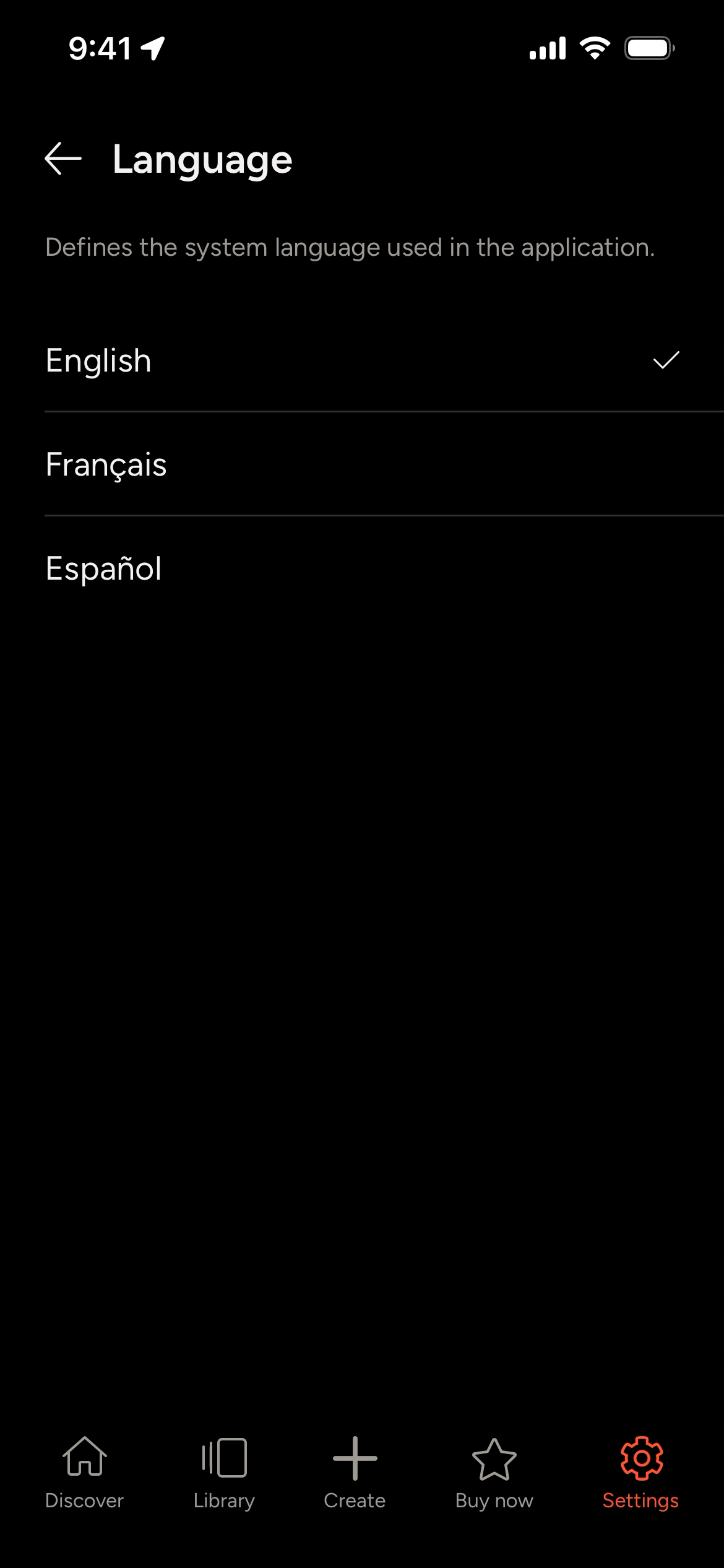 Language selection screen with options for English, Français, and Español.