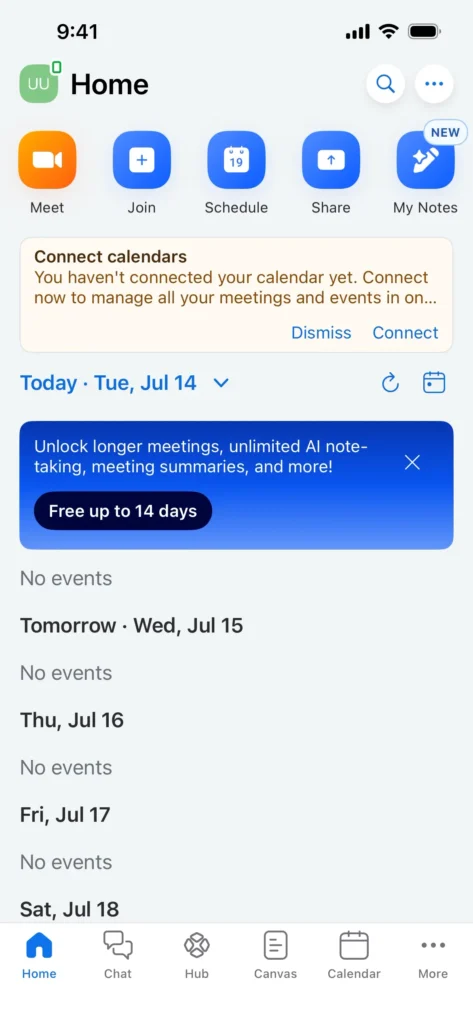 Home screen showing calendar events and navigation options.