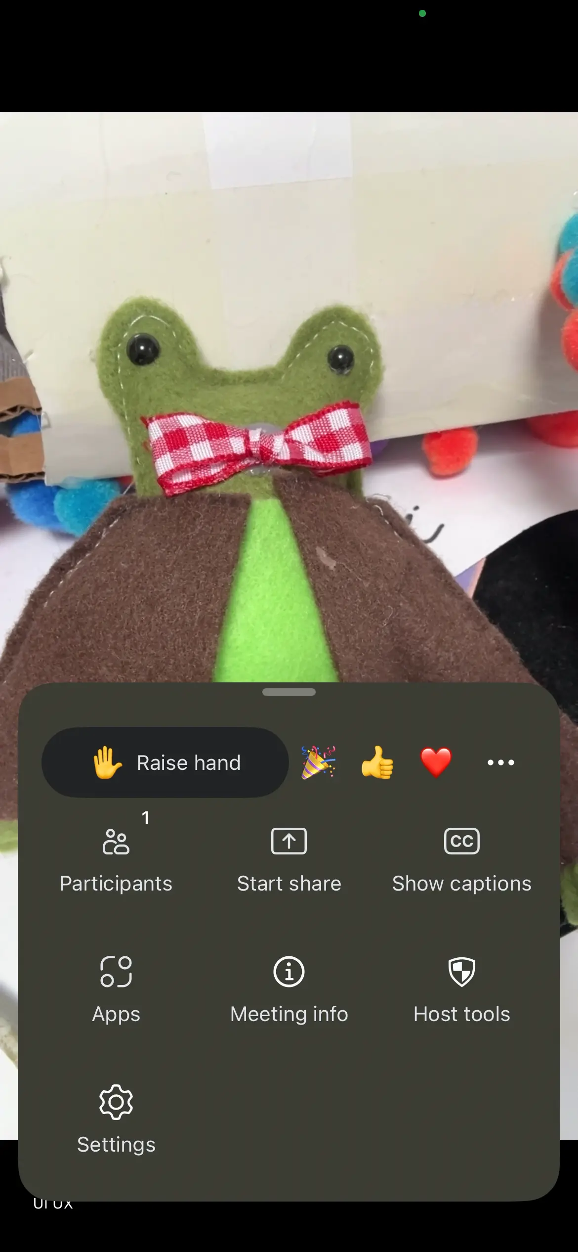 Screenshot showing Zoom Workplace meeting controls with a frog plush toy in the background.