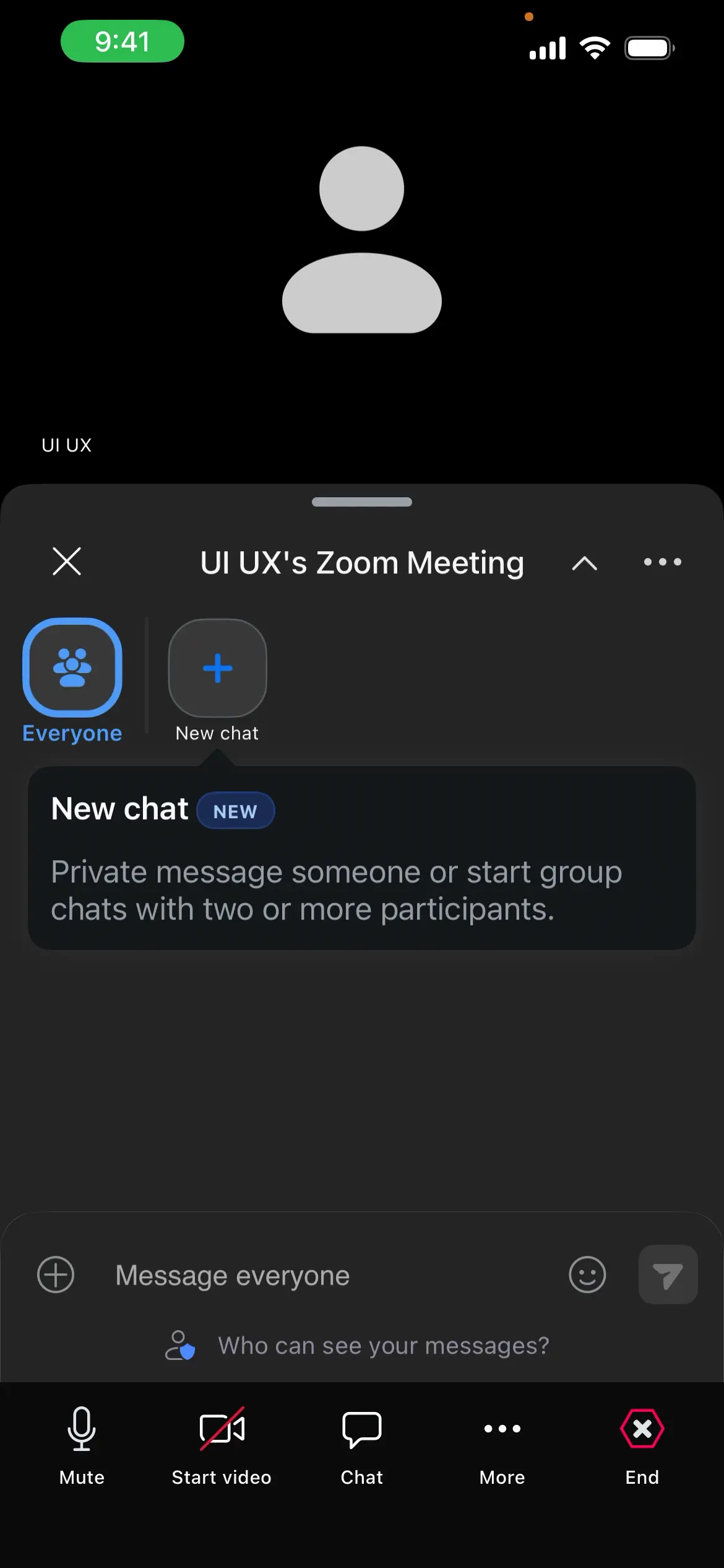 Screenshot of Zoom Workplace showing a new chat feature interface.