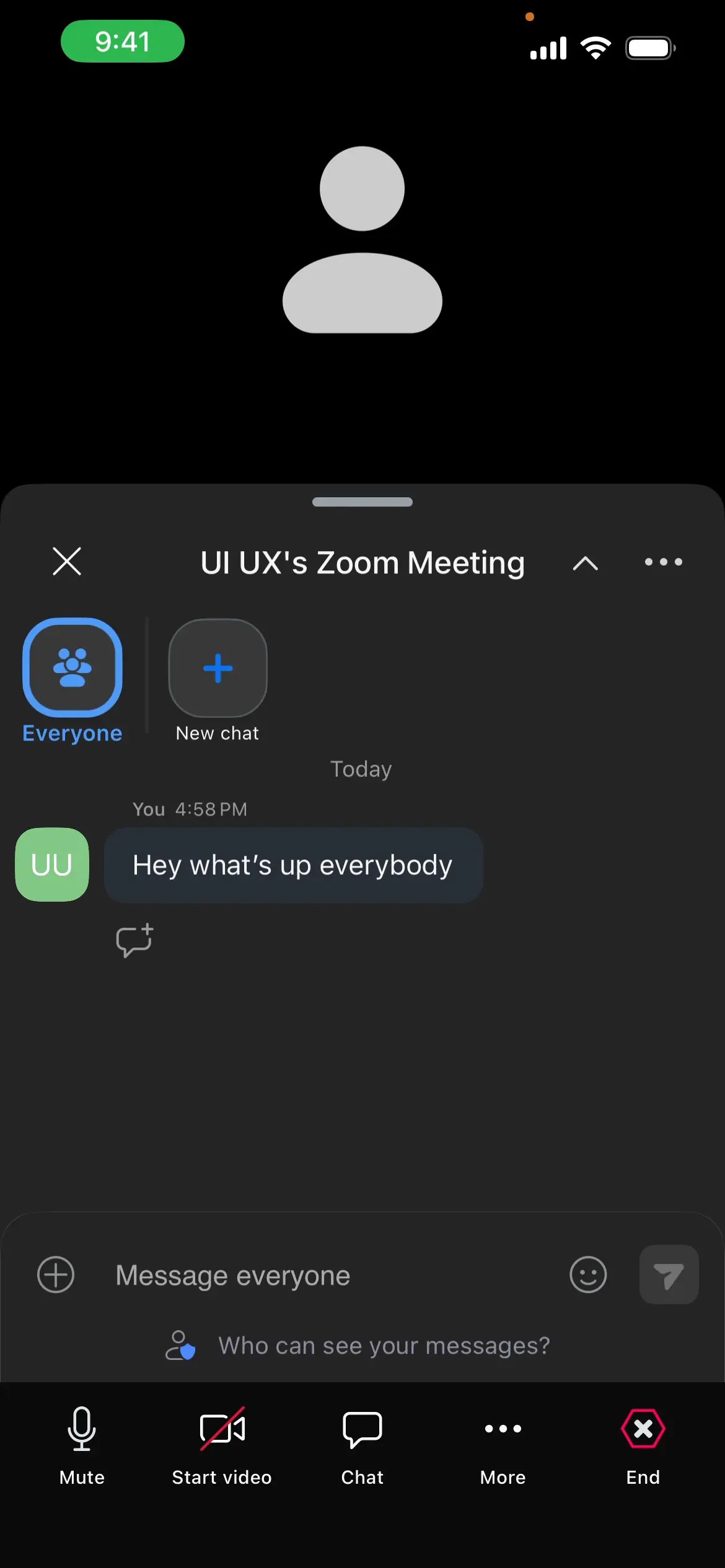 Chat interface showing a Zoom meeting with a message and controls.