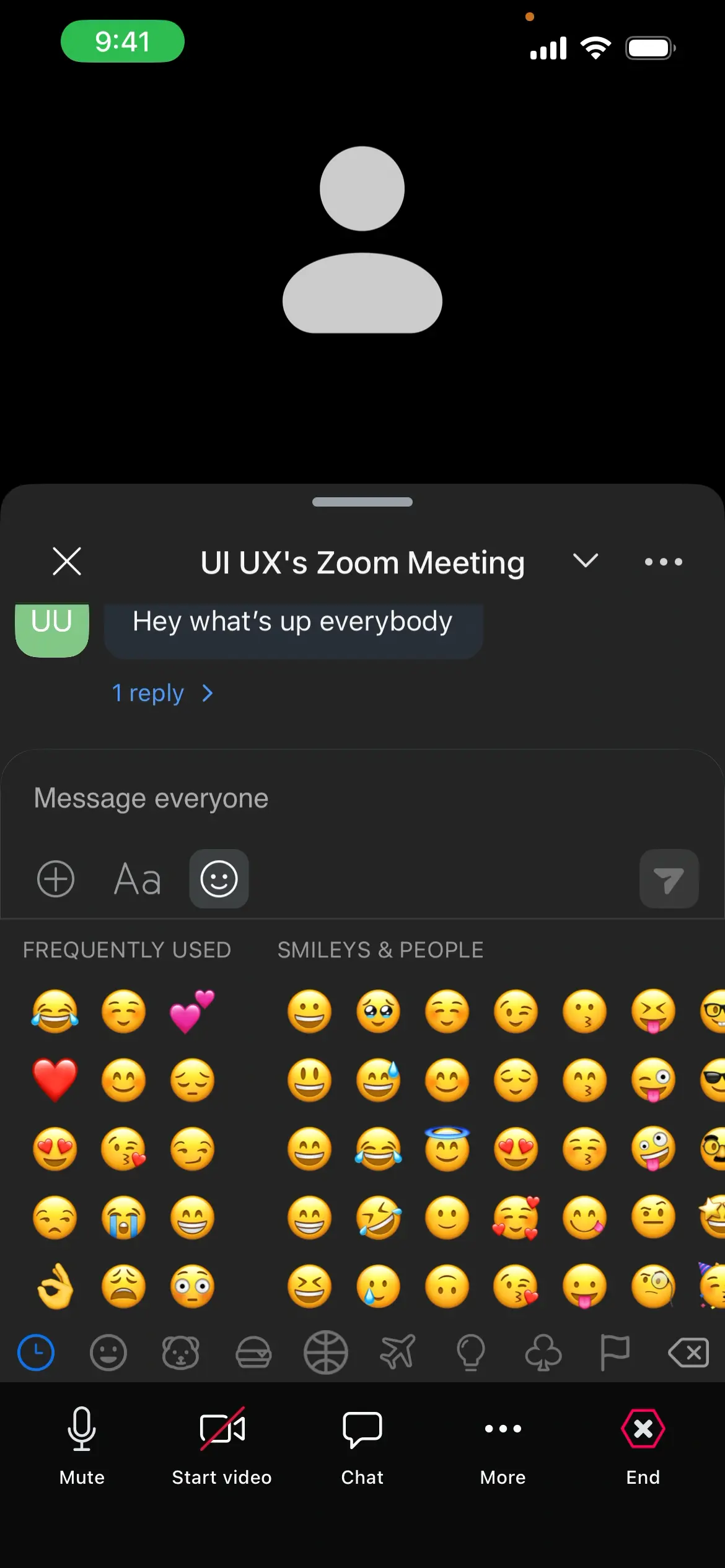 Screenshot of a Zoom Workplace chat with emoji options and text input.