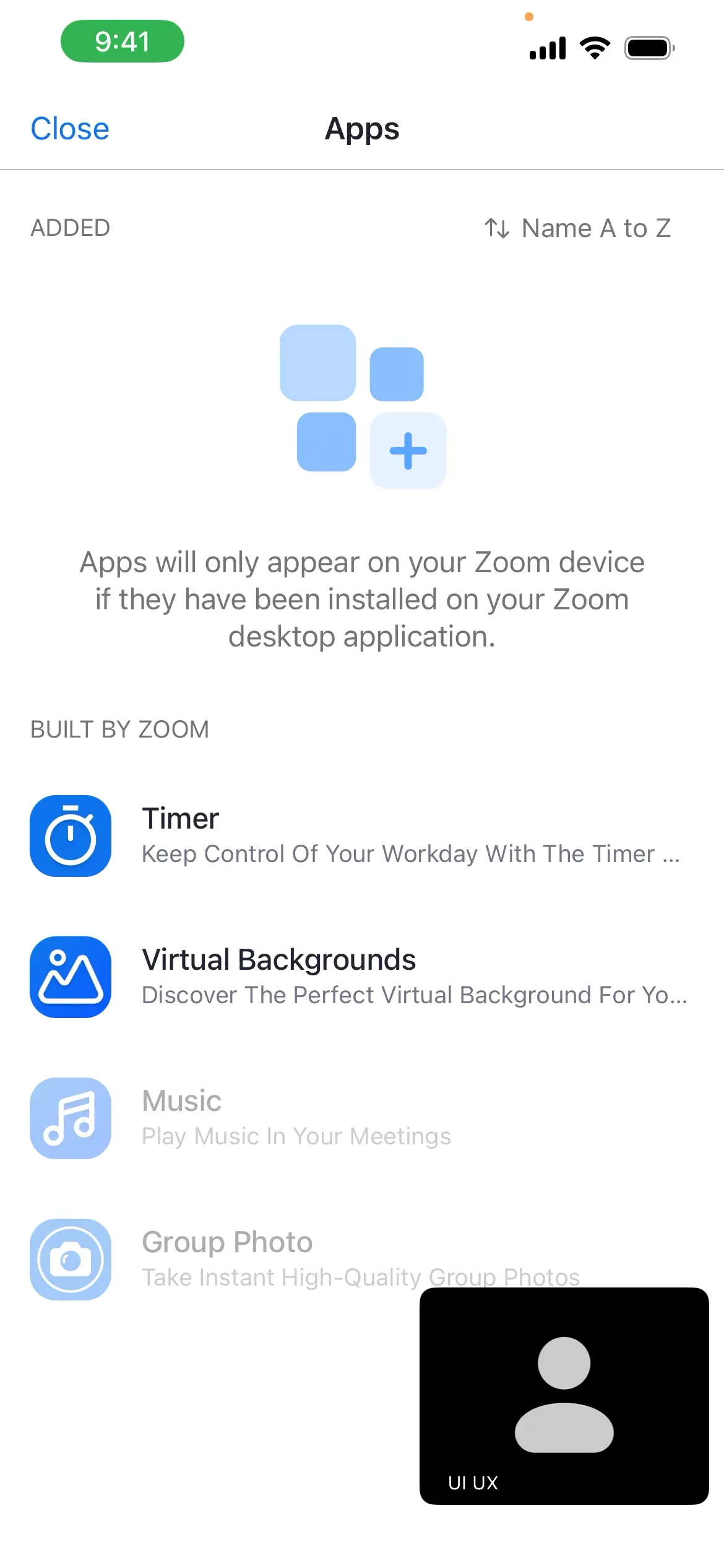 Apps screen showing installed and available apps in Zoom Workplace.