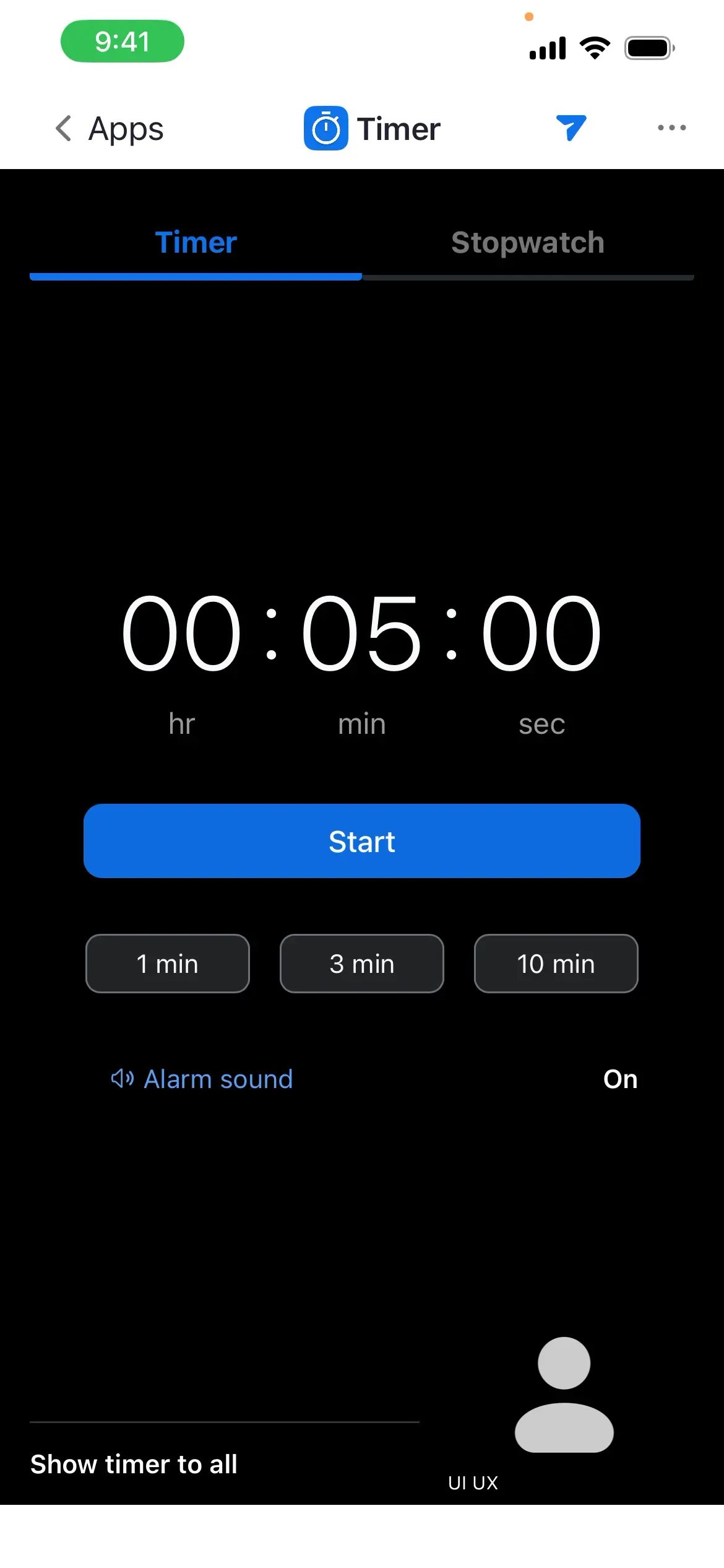 Timer screen displaying time and options to start and select duration.