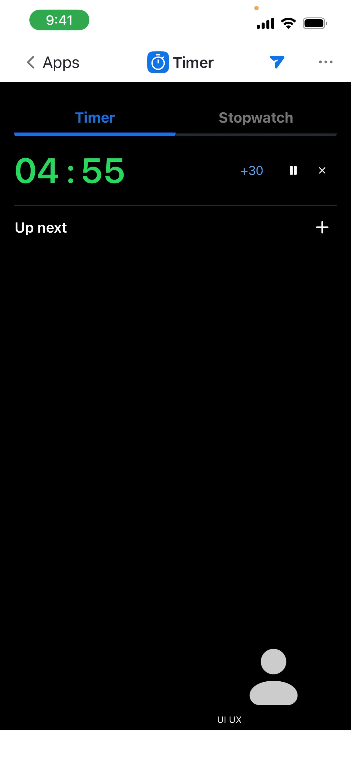Timer screen showing countdown time and a pause button.
