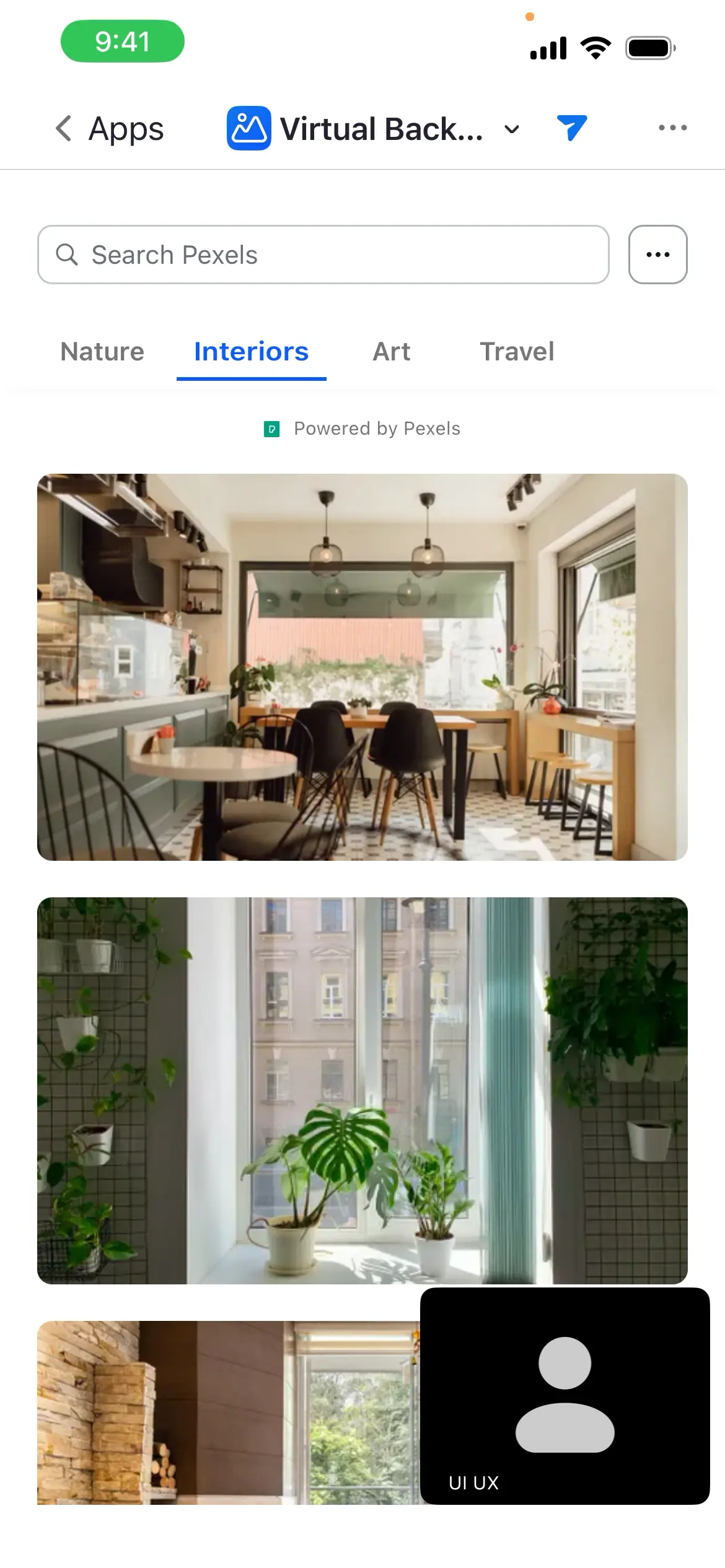 Screenshot showing interior design images with a search bar and category tabs.