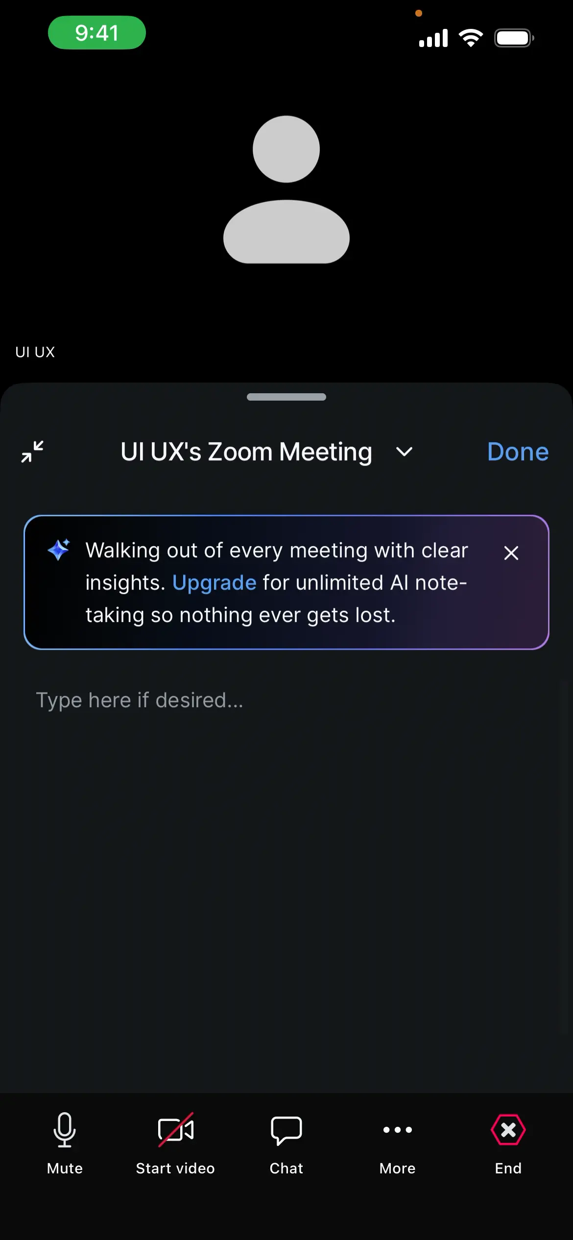 Zoom meeting UI with user detail, meeting title, upgrade prompt, and message input.