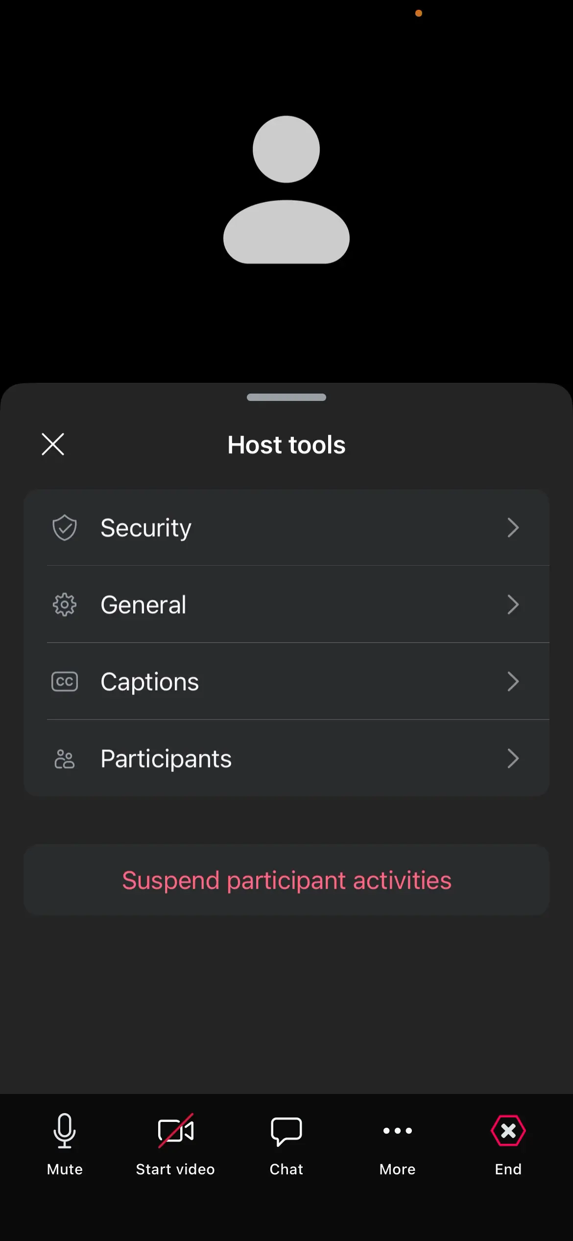 Screenshot of host tools in Zoom Workplace, showing options for security, general settings, captions, and participants.