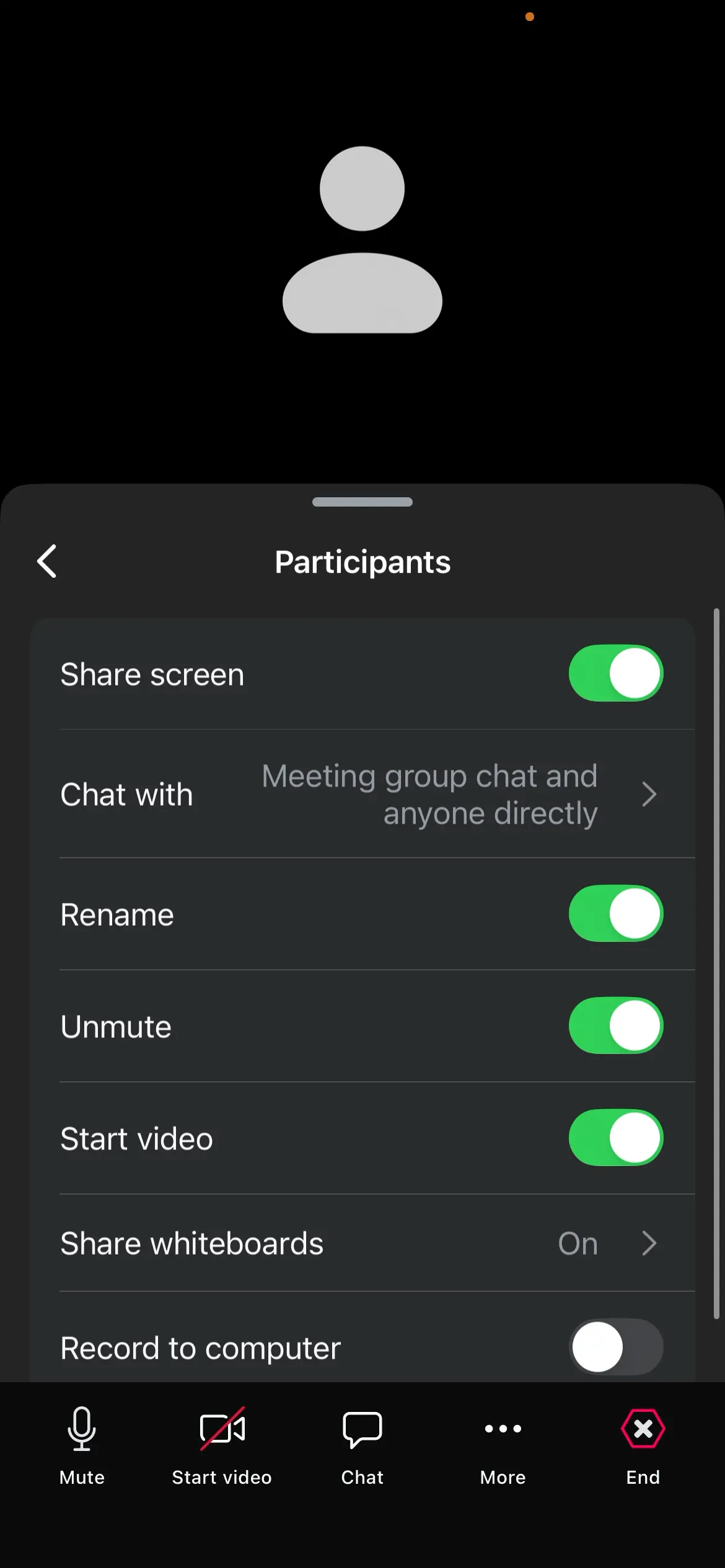 Participants settings screen with options for sharing and video controls.
