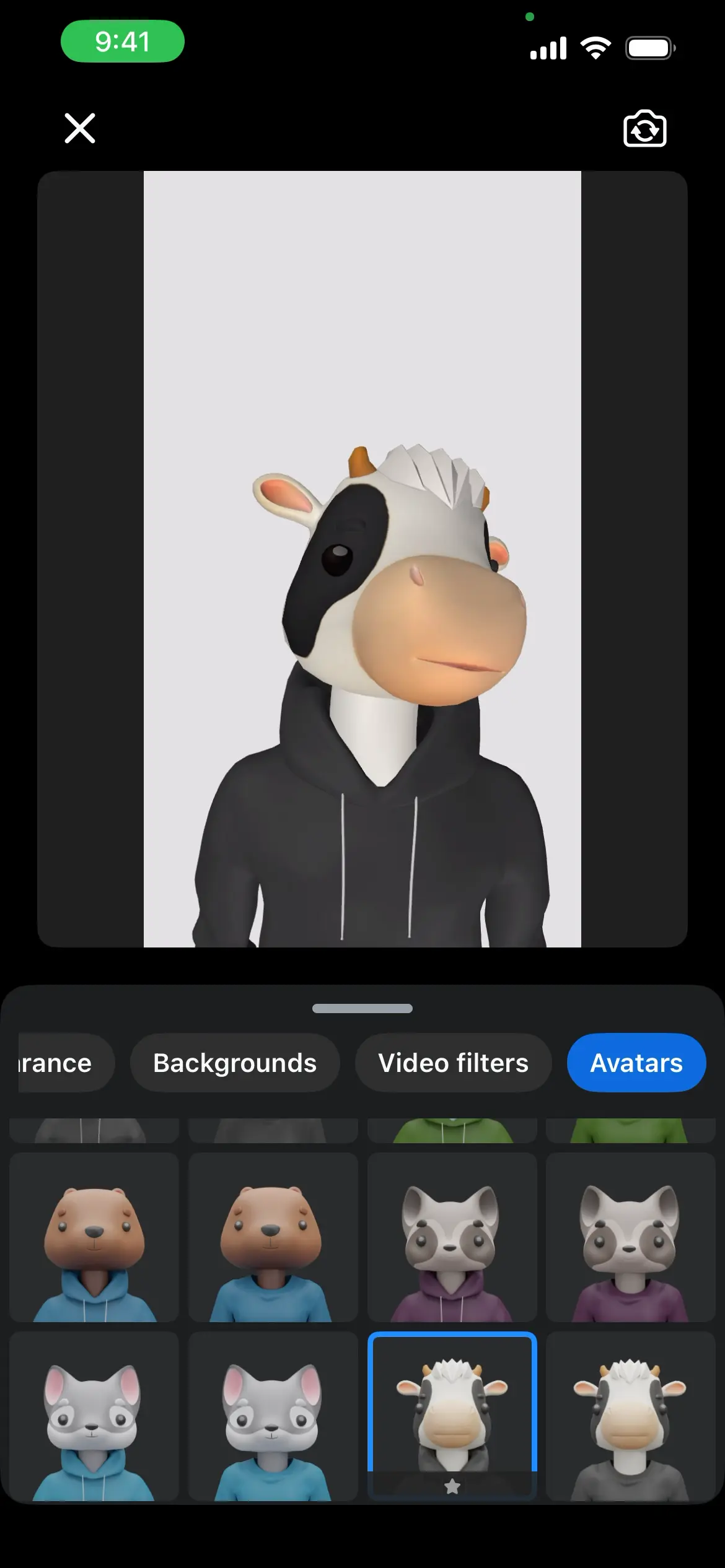 Avatar selection screen showing a cow head character with a hoodie.