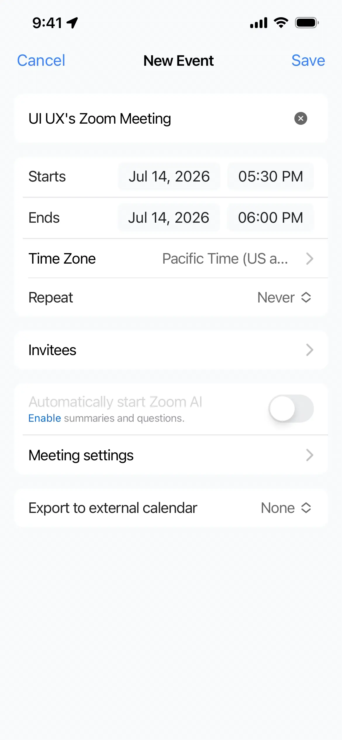 Screenshot of New Event screen in Zoom Workplace app with meeting details.