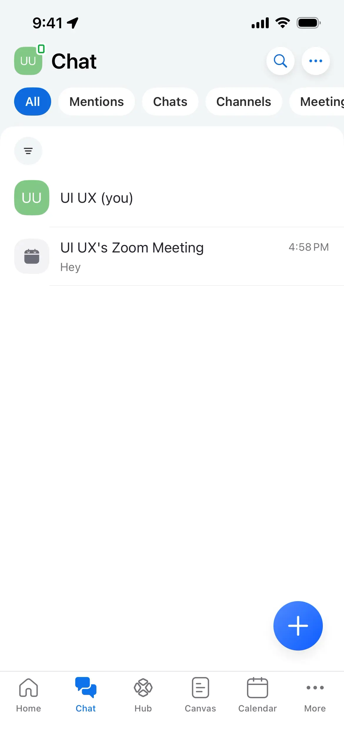 Chat screen with list of conversations in Zoom Workplace app.