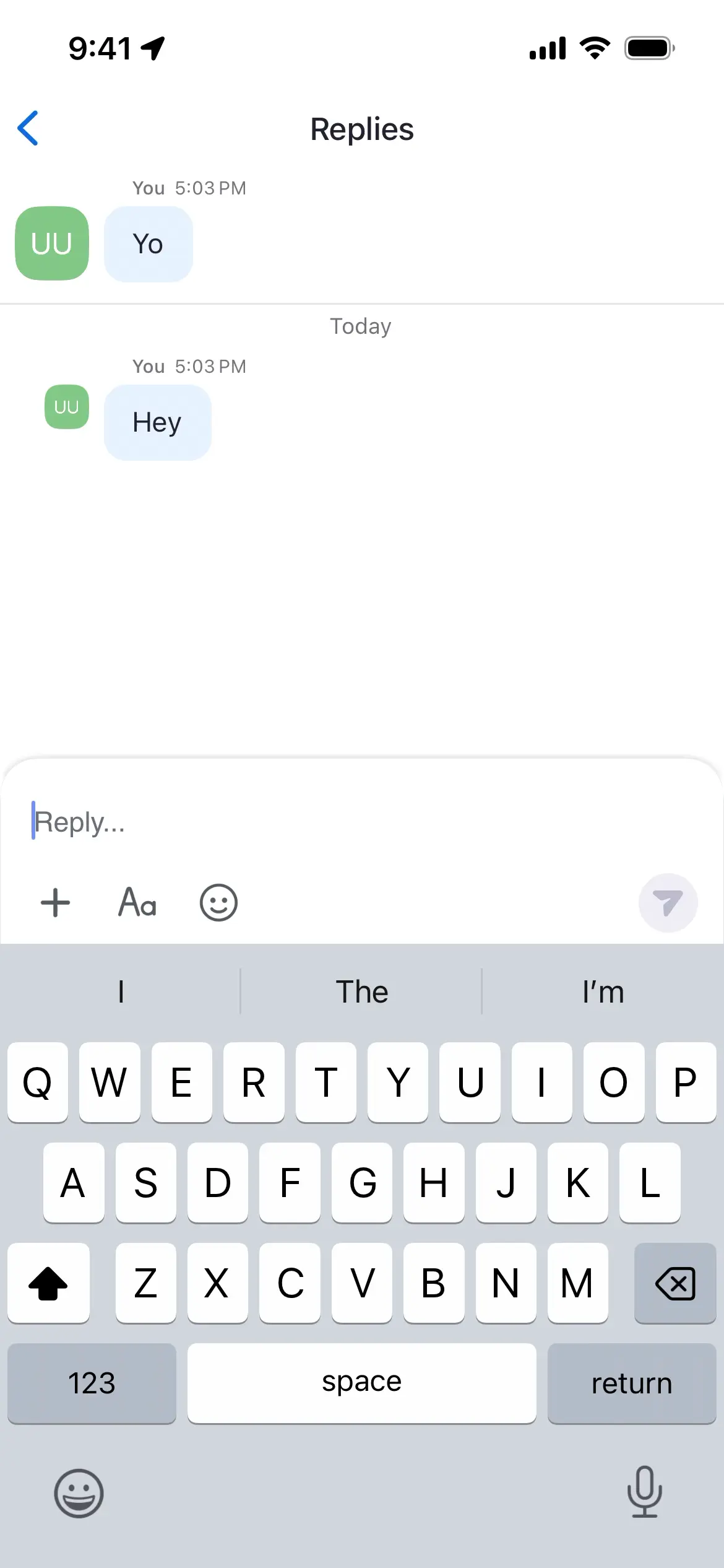 Chat screen displaying replies with a text input area below.