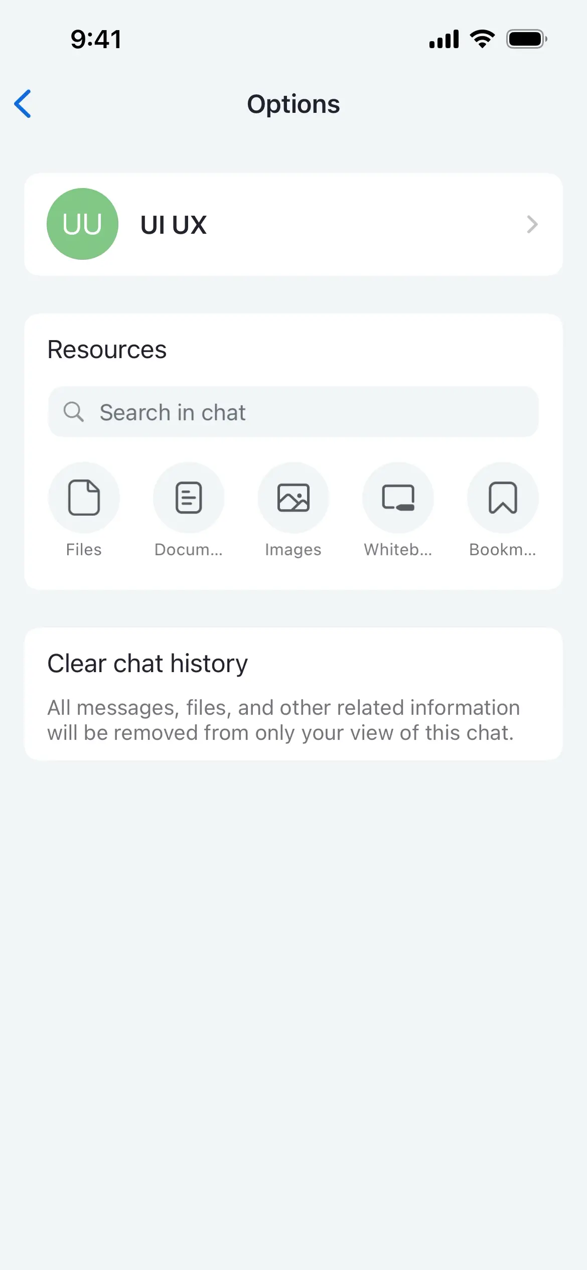 Options screen for UI UX chat with resource icons and chat history information.
