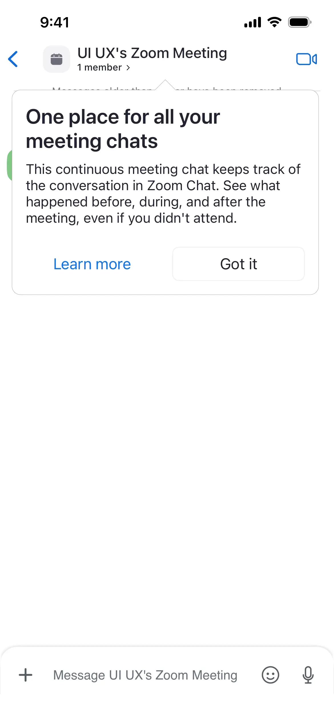 Zoom Workplace chat overview with a message about meeting chats
