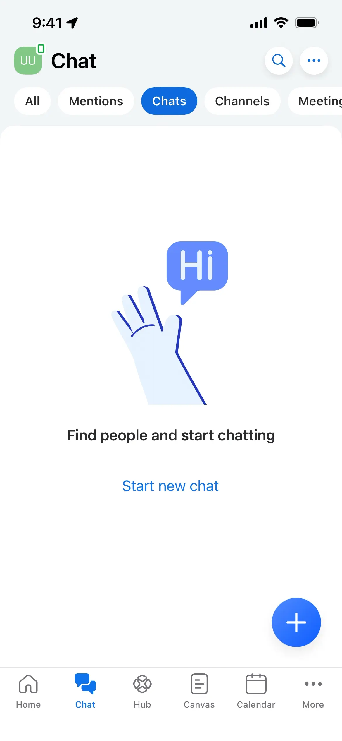 Chat screen with greeting, instructions, and a button to start new chat.