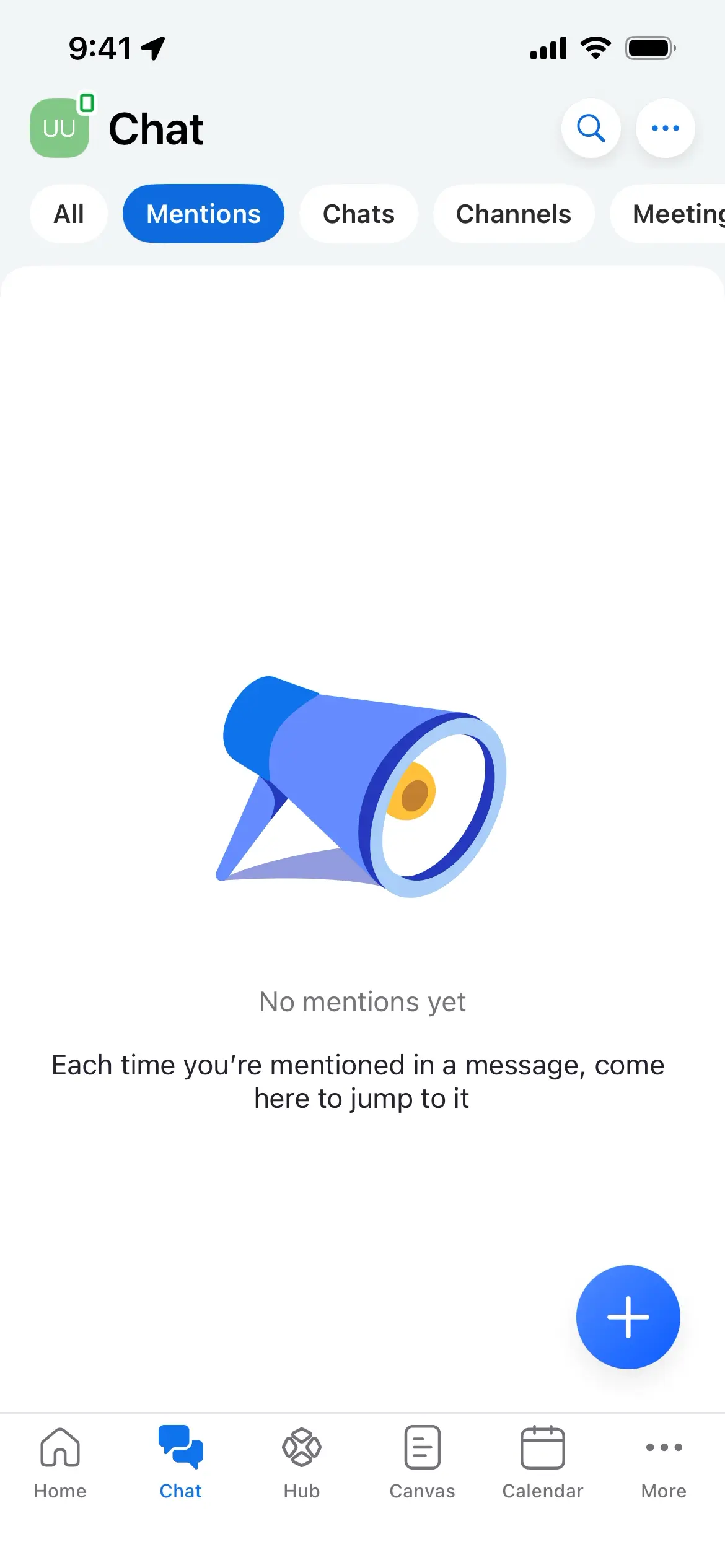 Screen showing 'No mentions yet' message in the Chat section of the app.