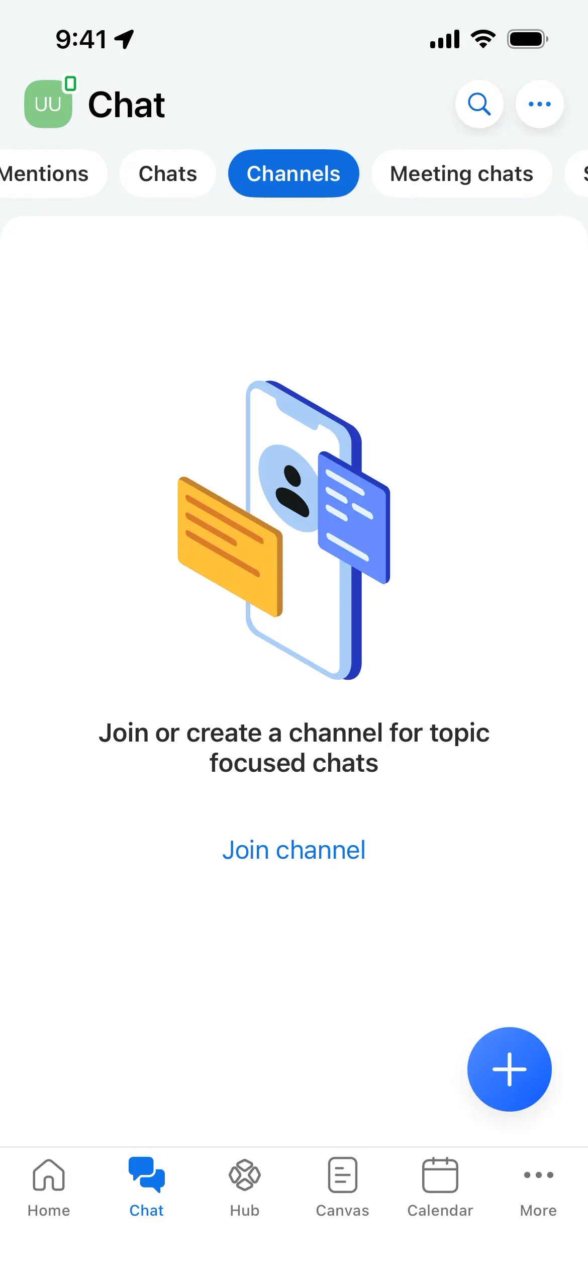 Screenshot of chat screen with channels option for topic-focused chats.