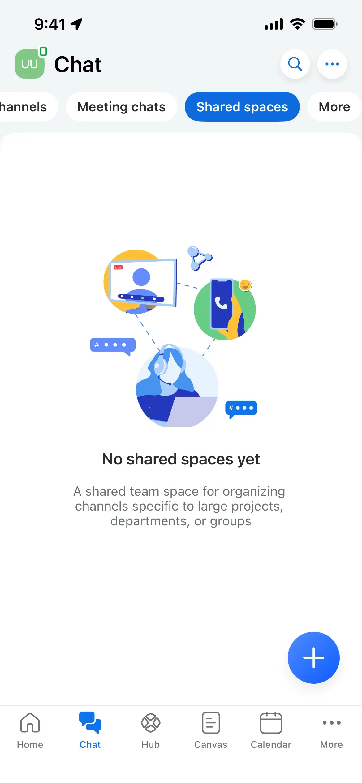 Screen showing no shared spaces in the chat section of Zoom Workplace.