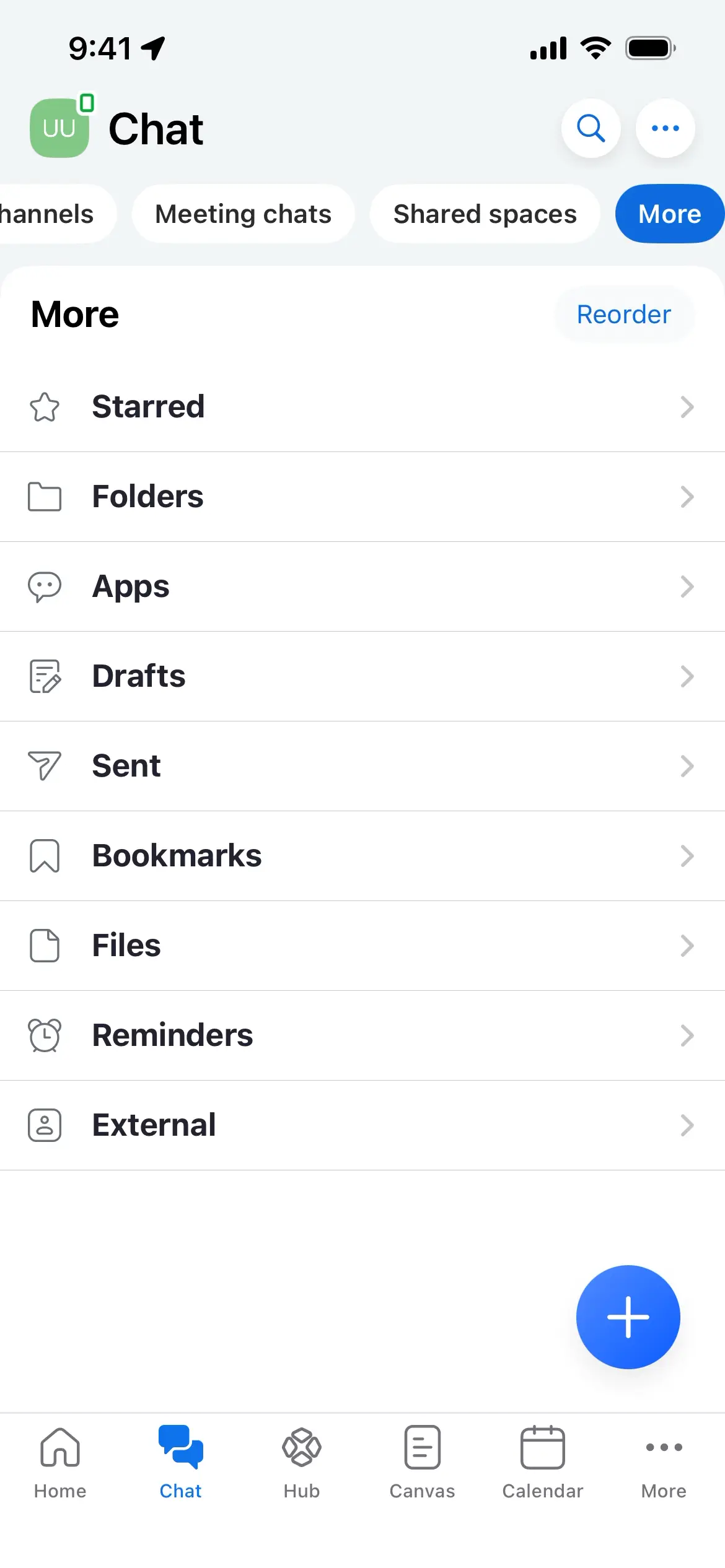 Chat screen with different categories such as Starred, Folders, and more.