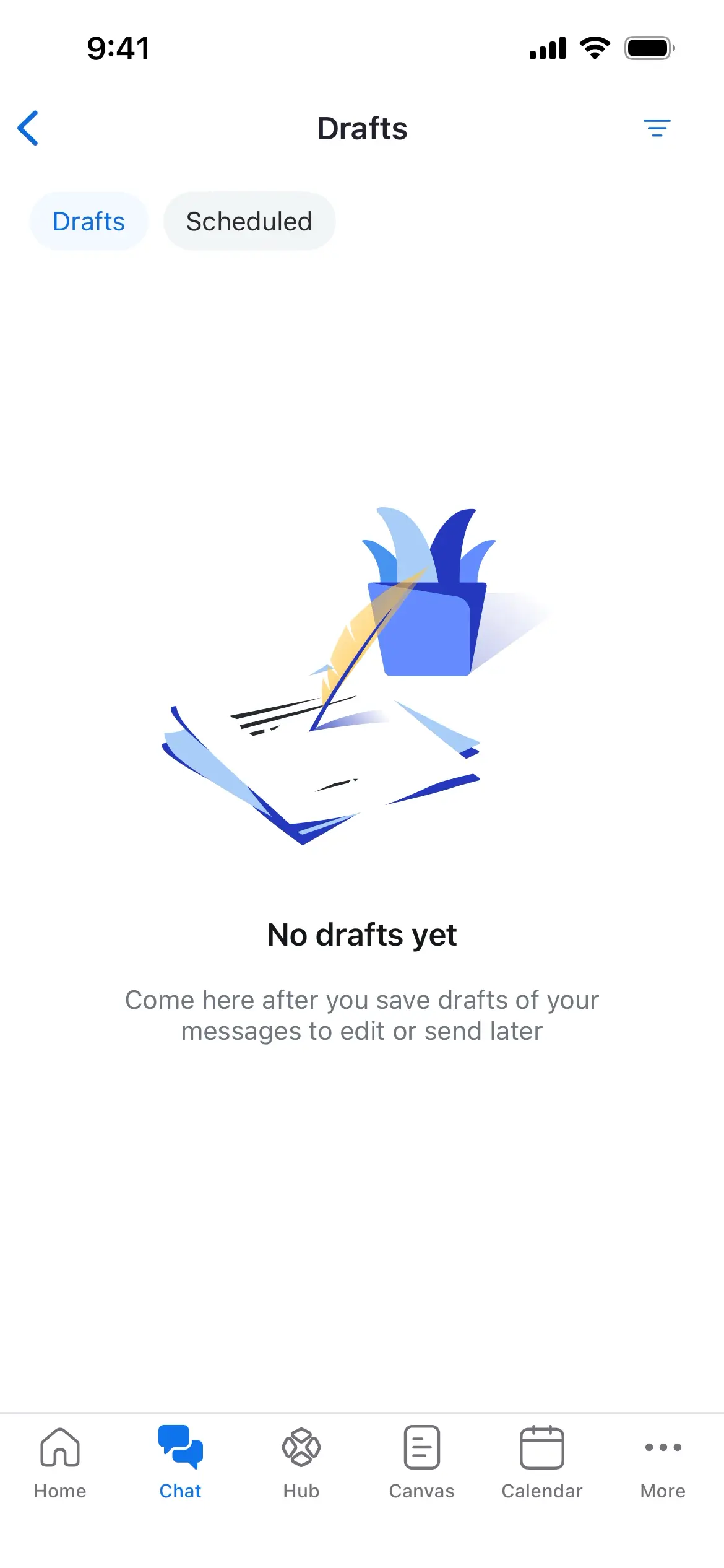 Empty drafts screen with instructions on saving drafts.