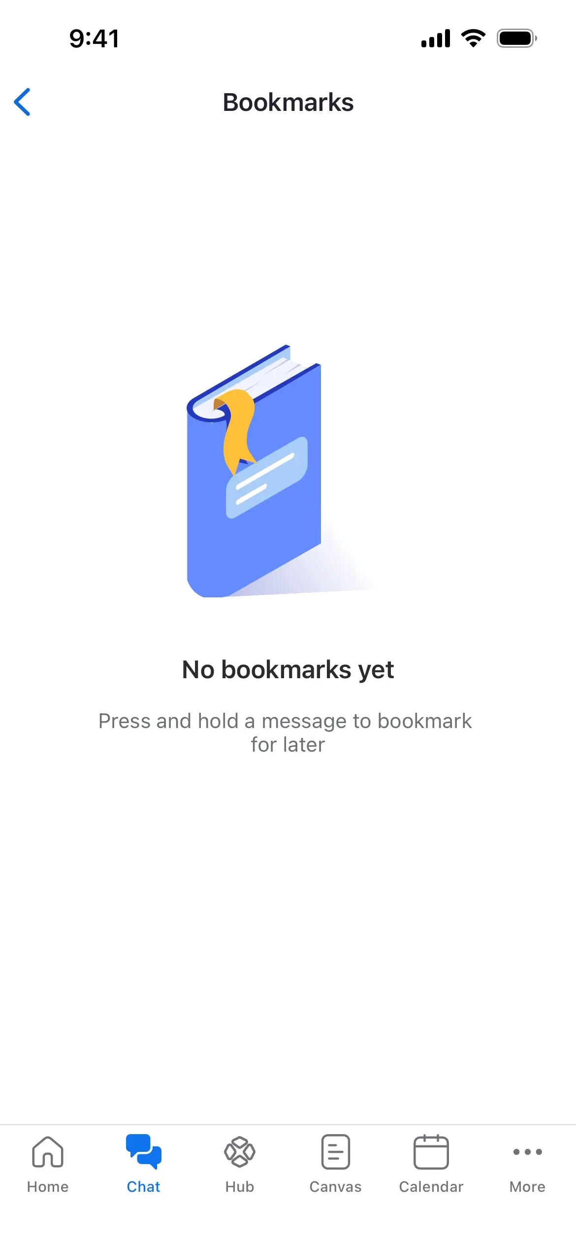 Screen displaying no bookmarks yet with instructions to press and hold a message.