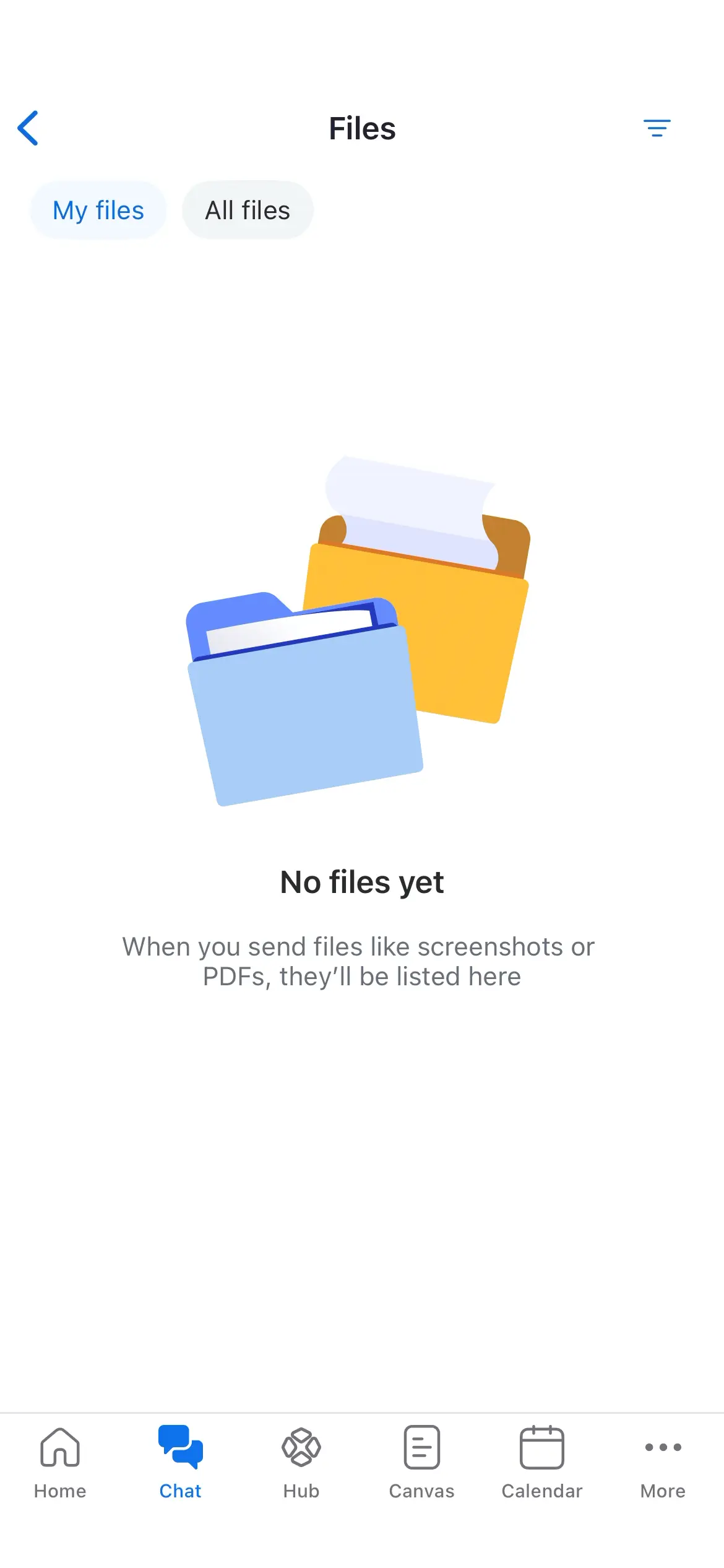 Files screen with message indicating no files are available yet.