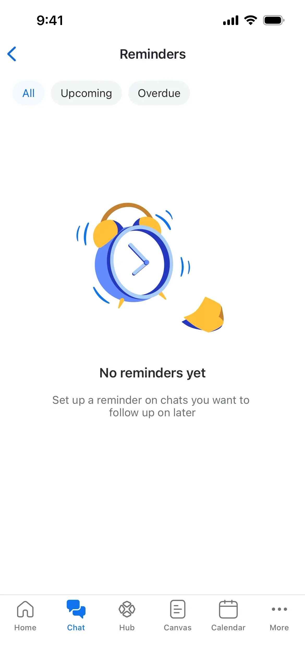 Reminders screen with a message indicating no reminders present.