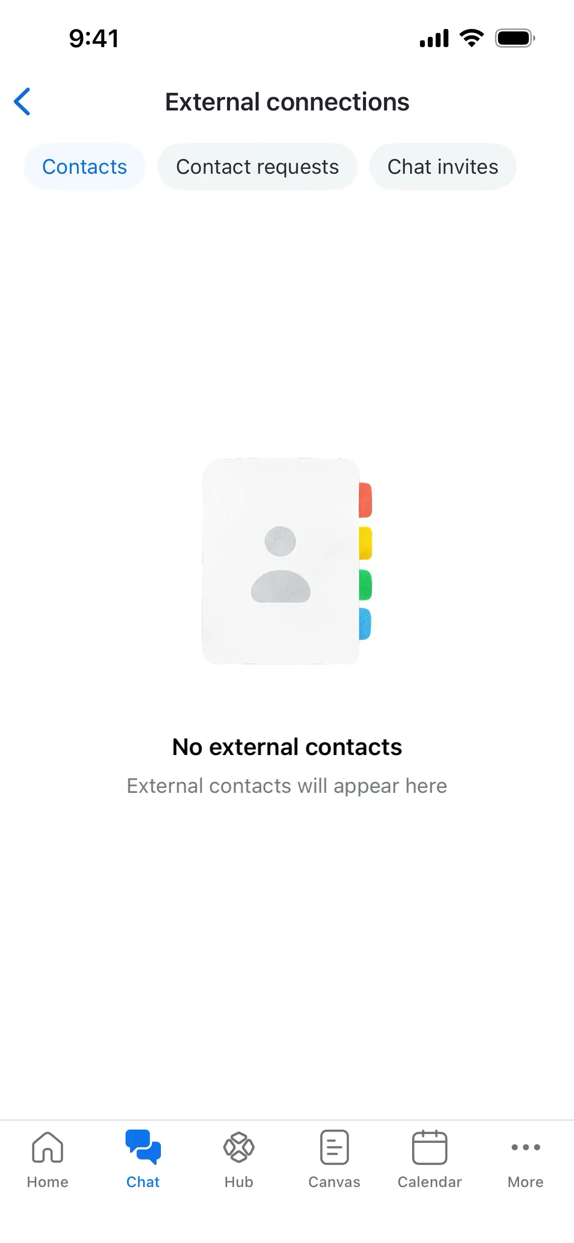 Screen showing no external contacts in Zoom Workplace app.