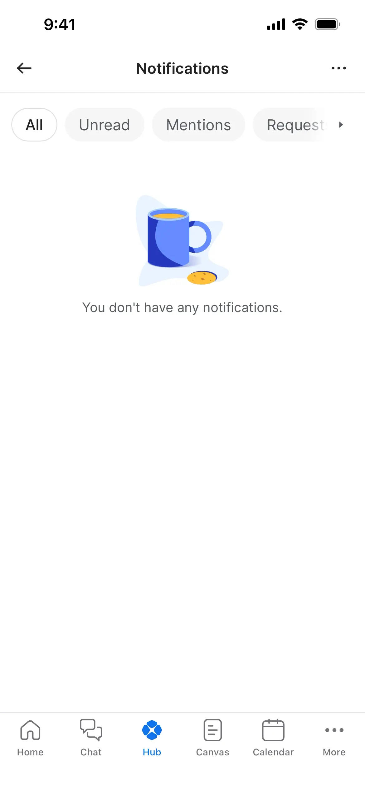 Notifications screen indicating no new notifications available.