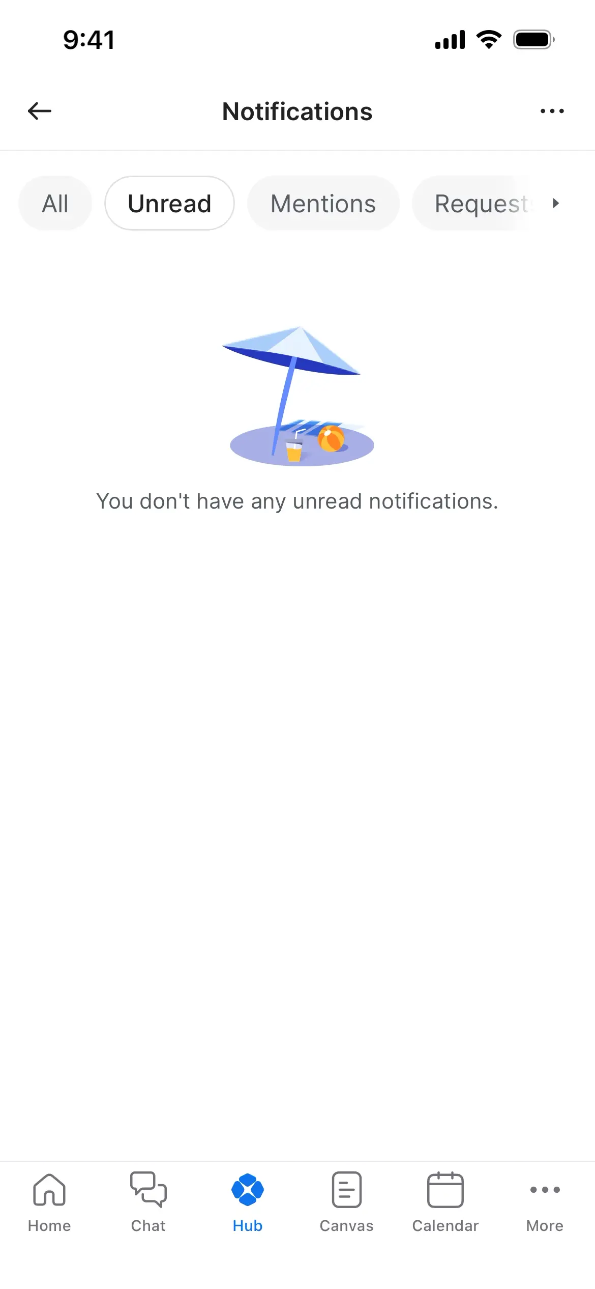 Notifications screen indicating no unread notifications with a beach illustration.