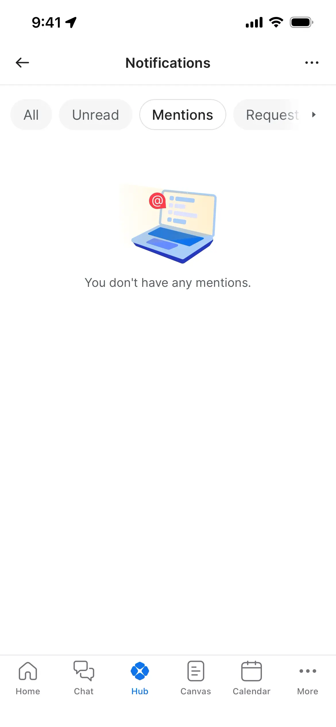 Notifications screen showing no mentions with a laptop illustration.