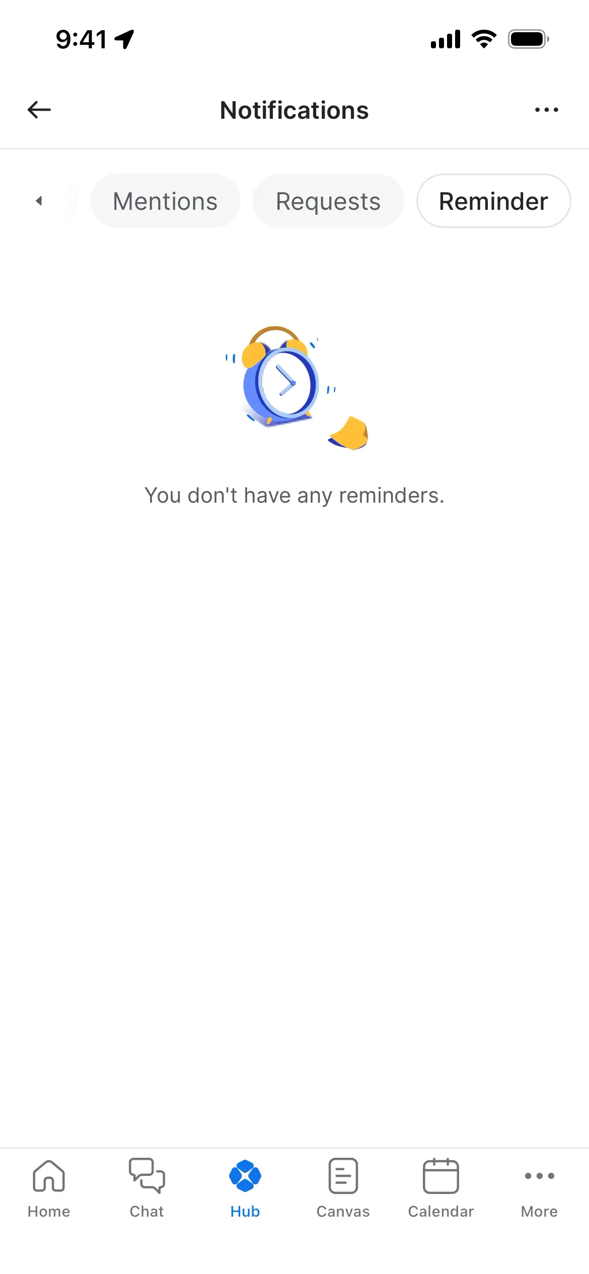 Notifications screen showing no reminders with icons and empty message.