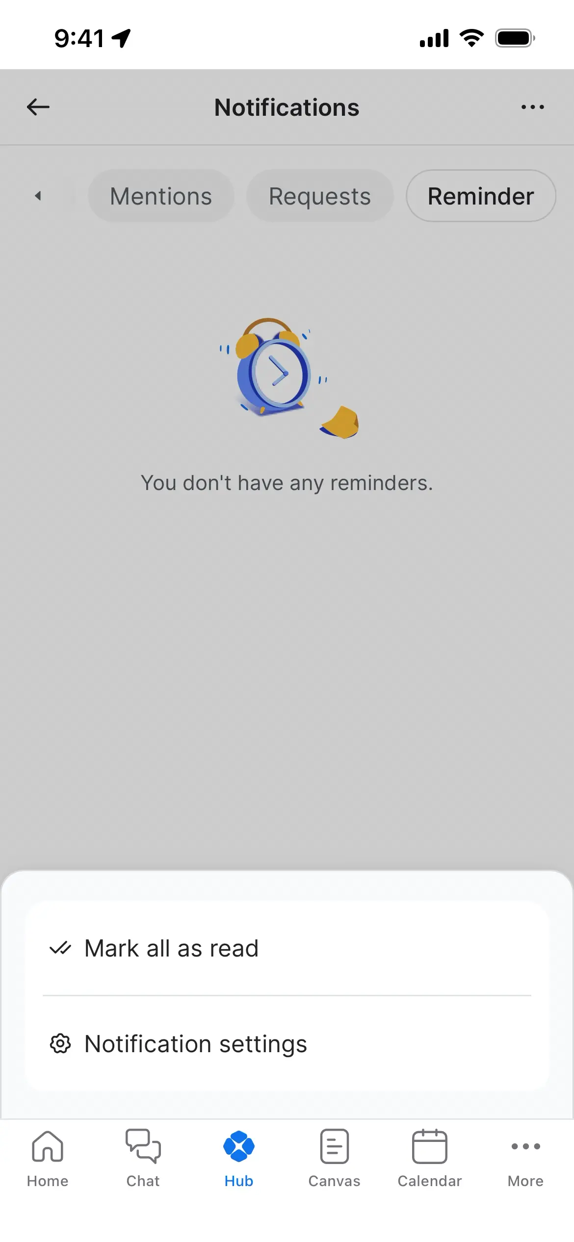 Notification screen showing no reminders and options to mark as read or change settings.