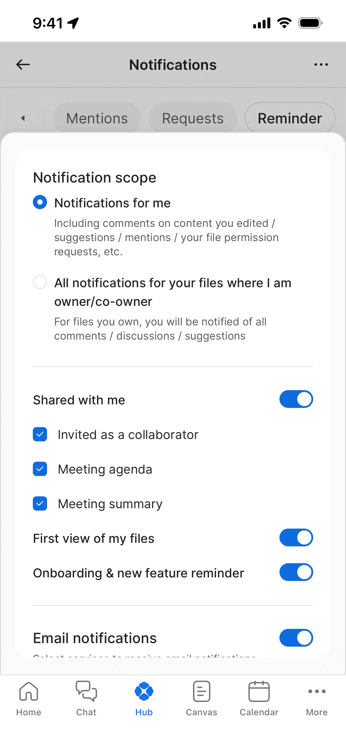 Notifications settings screen with options for collaboration and alerts.