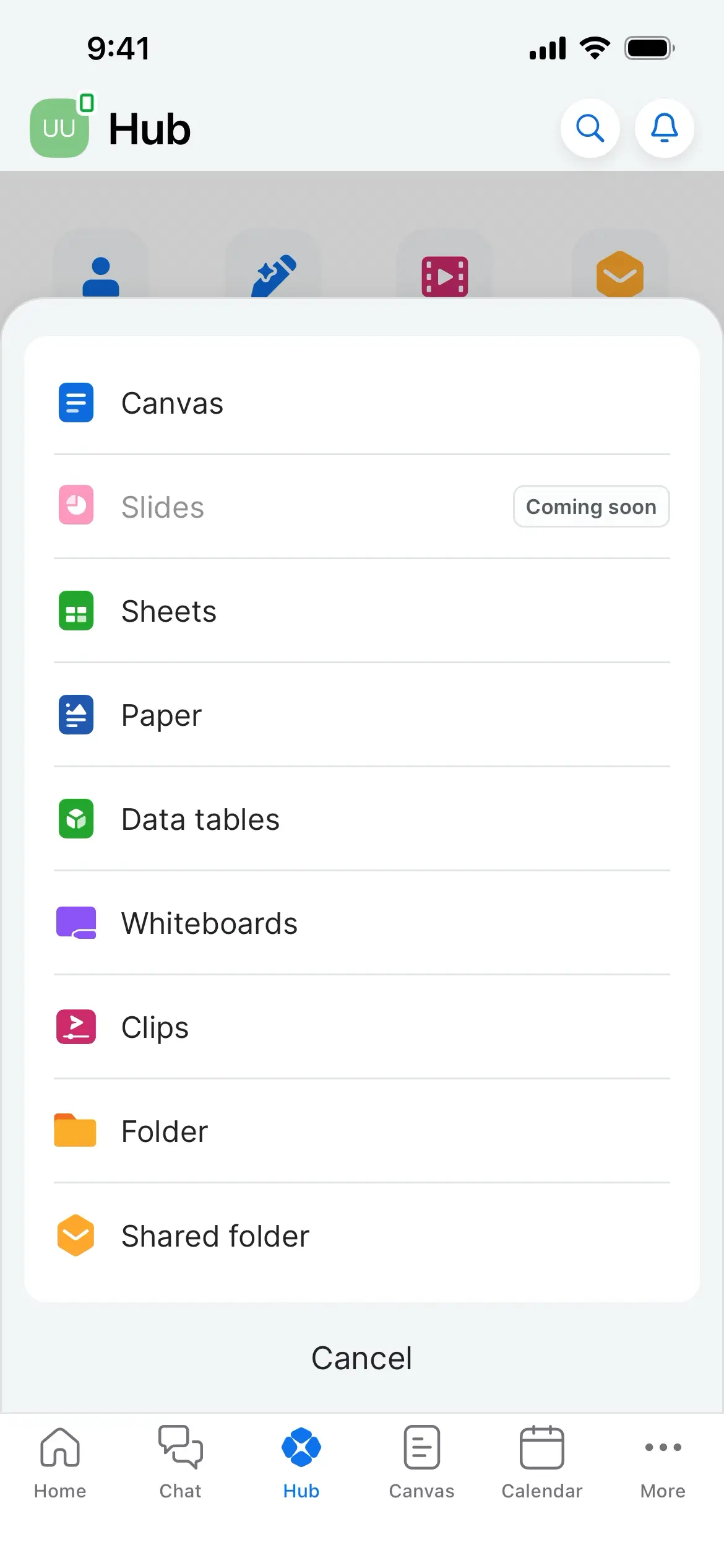 Menu screen in Zoom Workplace displaying various document options.