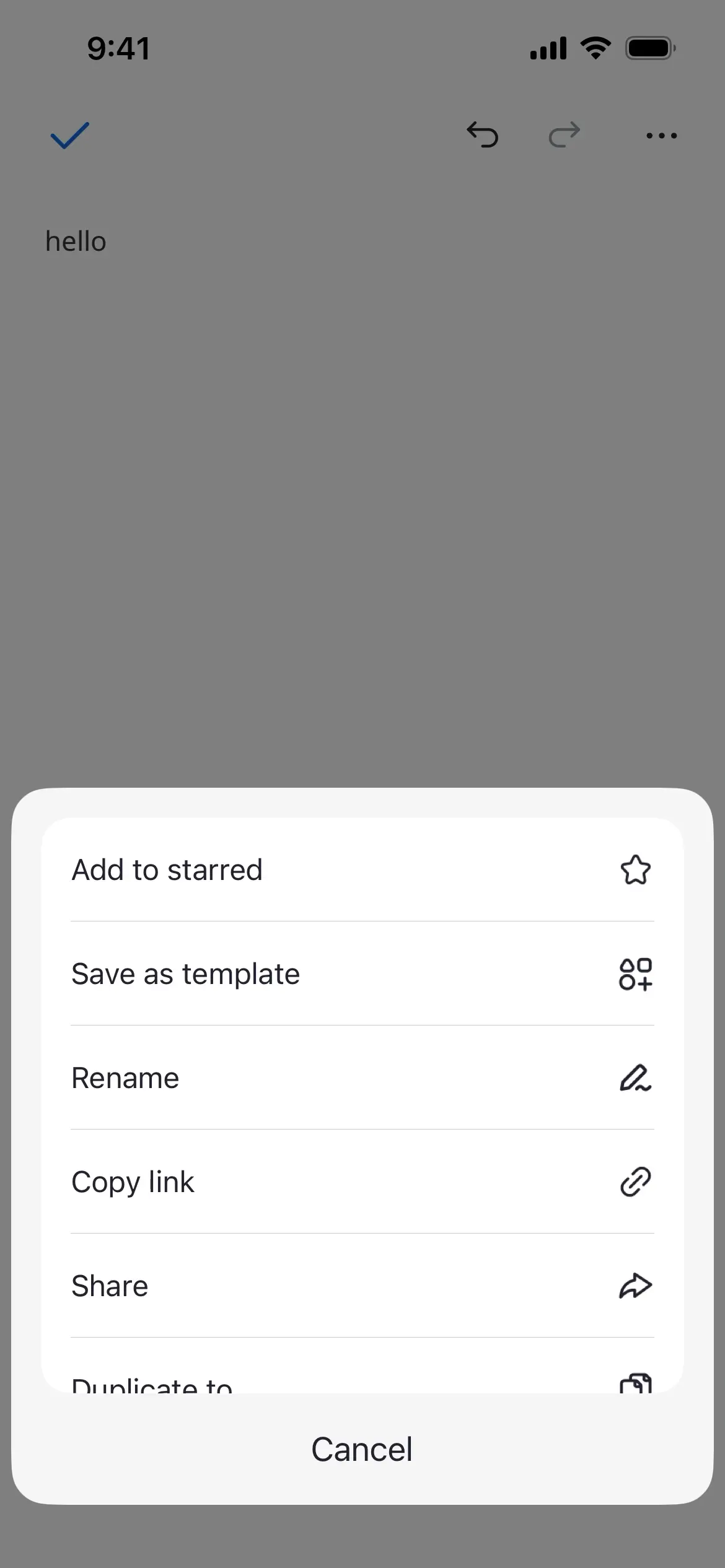 Options menu for a document with options like save, rename, and share.