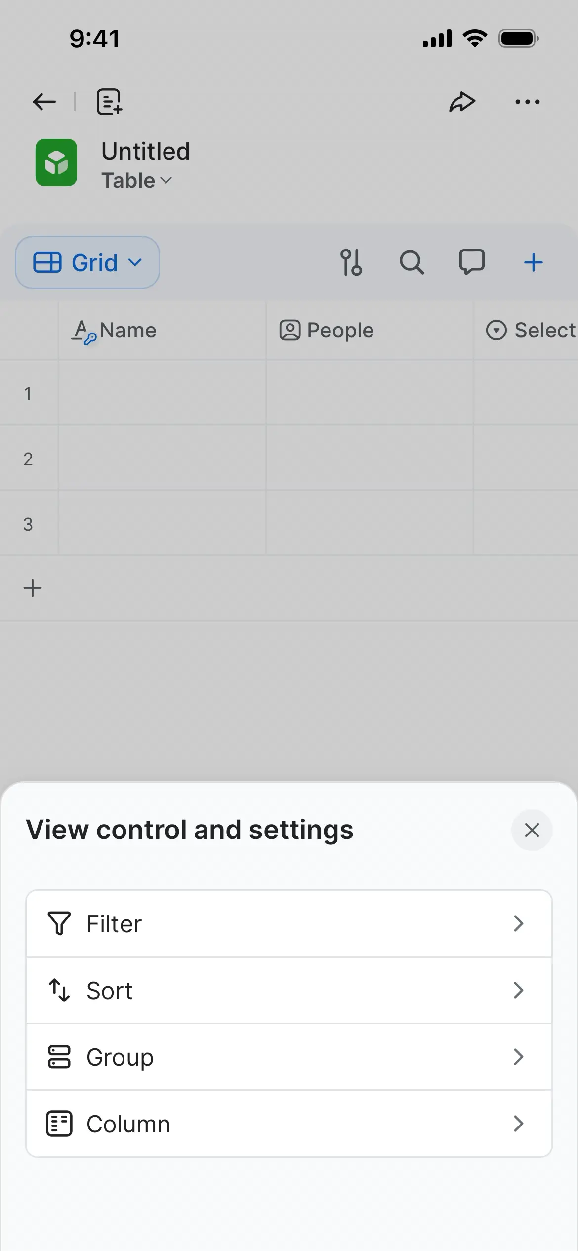 Screenshot of a table view with options for filter, sort, group, and column settings.