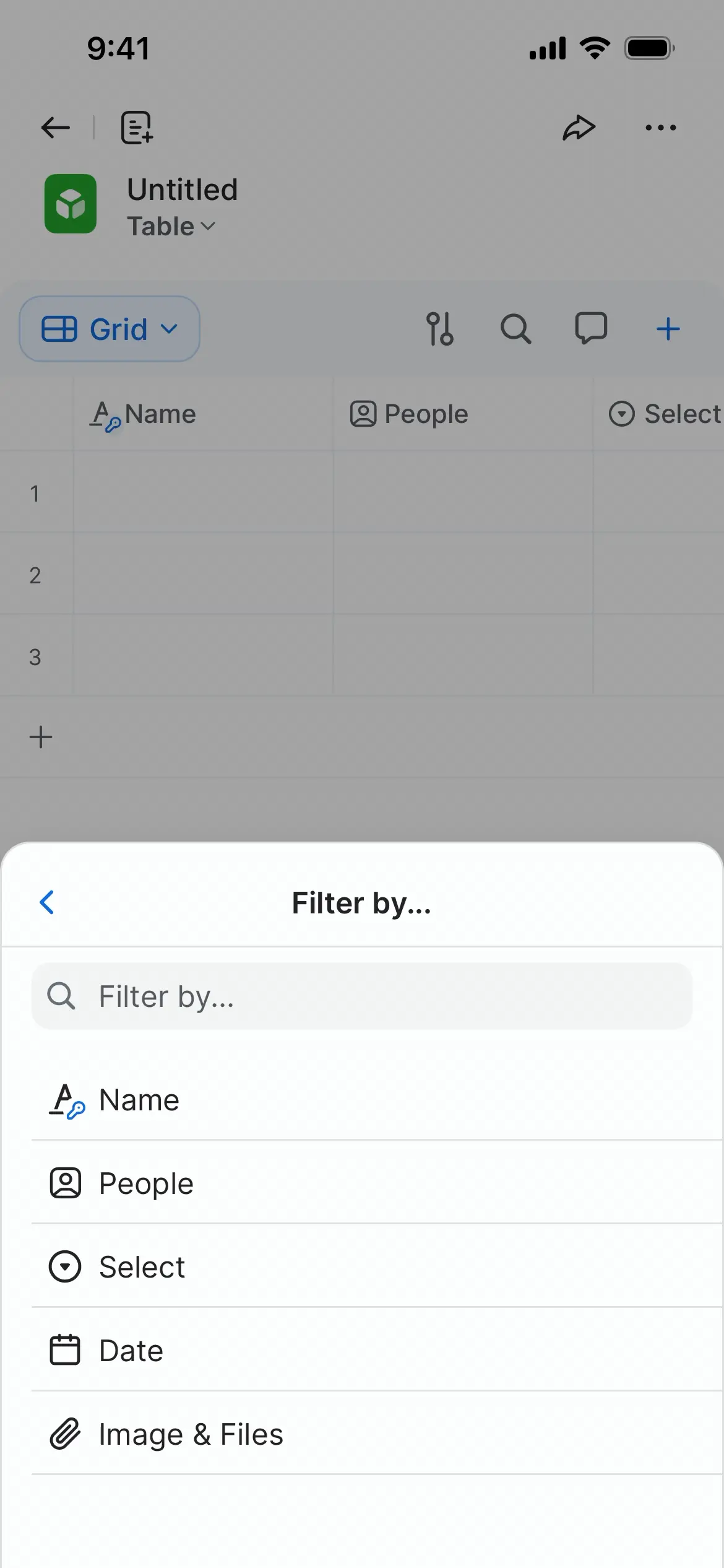Screenshot showing filter options with Name, People, Select, Date, and Image & Files.