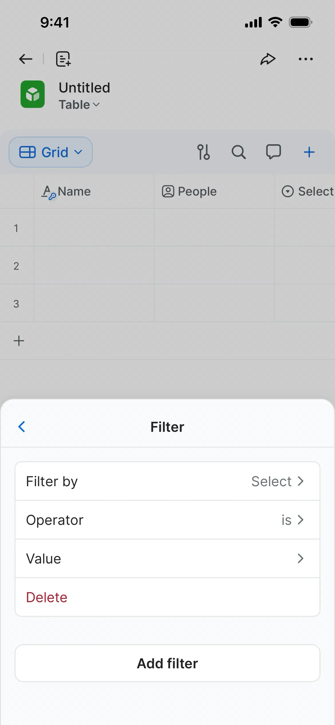 Filter menu showing options to select filter criteria and add filter.