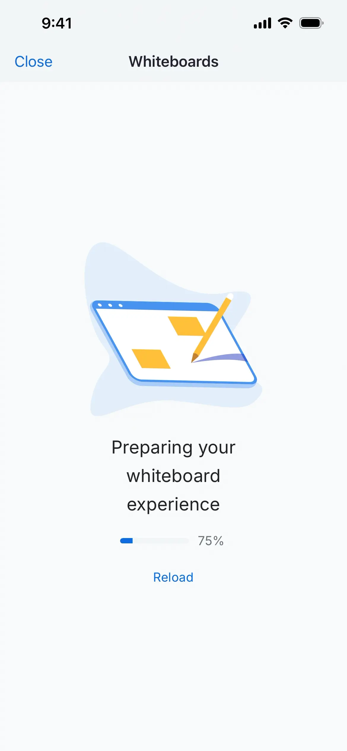 Loading screen for whiteboard preparation with progress indicator.