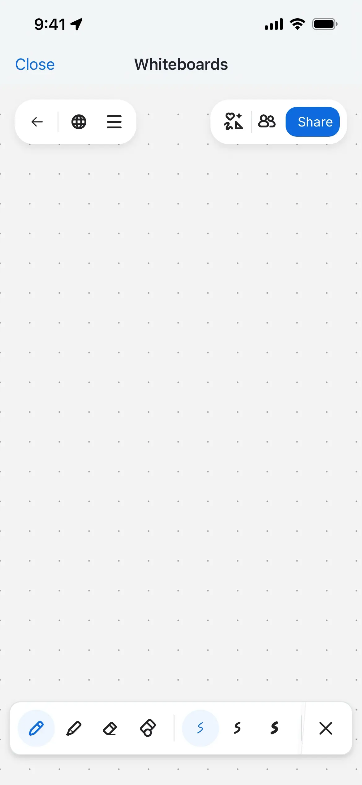 Screenshot of the Whiteboards feature in Zoom Workplace showing tools and an empty grid.