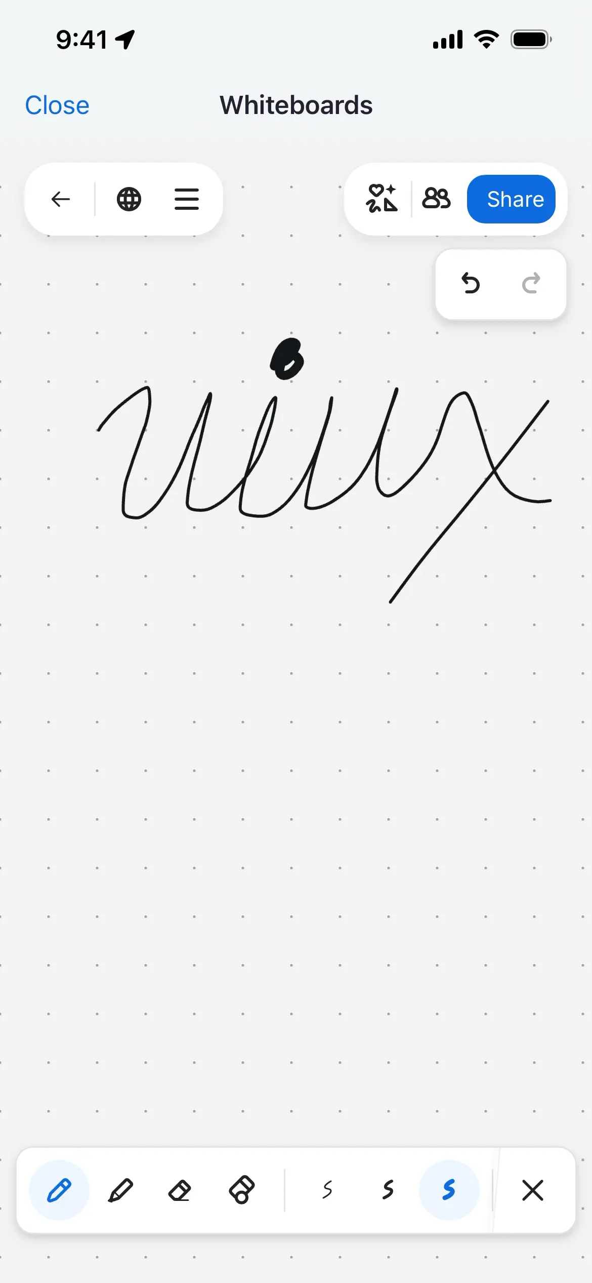 Whiteboard interface showing handwritten text and tool options.