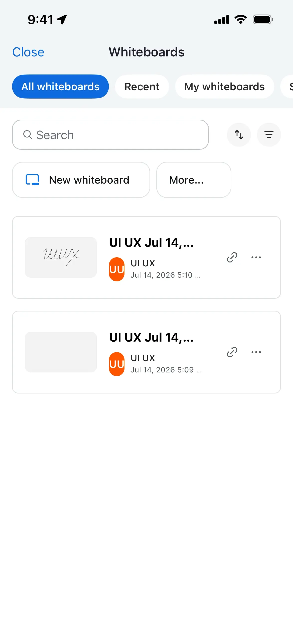 Screenshot of whiteboard app with options and list of whiteboards.